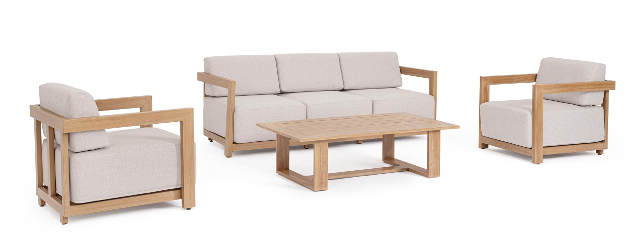 Das Garten-Set Theseus überzeugt mit seinem modernen Design. Gefertigt wurde es aus Aluminium, welches einen natürlichen Holz Farbton besitzt. Das Gestell ist auch aus Aluminium. Das Set besteht aus einem Sofa, zwei Sesseln und einem Couchtisch.