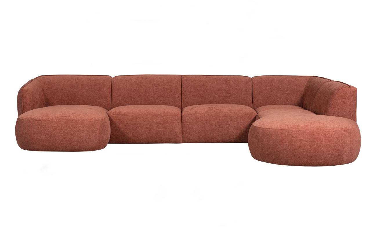 Das Sofa Polly überzeugt mit seinem modernen Design. Gefertigt wurde es aus Webstoff, welches einen rosa Farbton besitzt. Das Gestell ist aus Holz und hat eine schwarze Farbe. Das Sofa in U-Form besitzt eine Sitzhöhe von 42 cm.