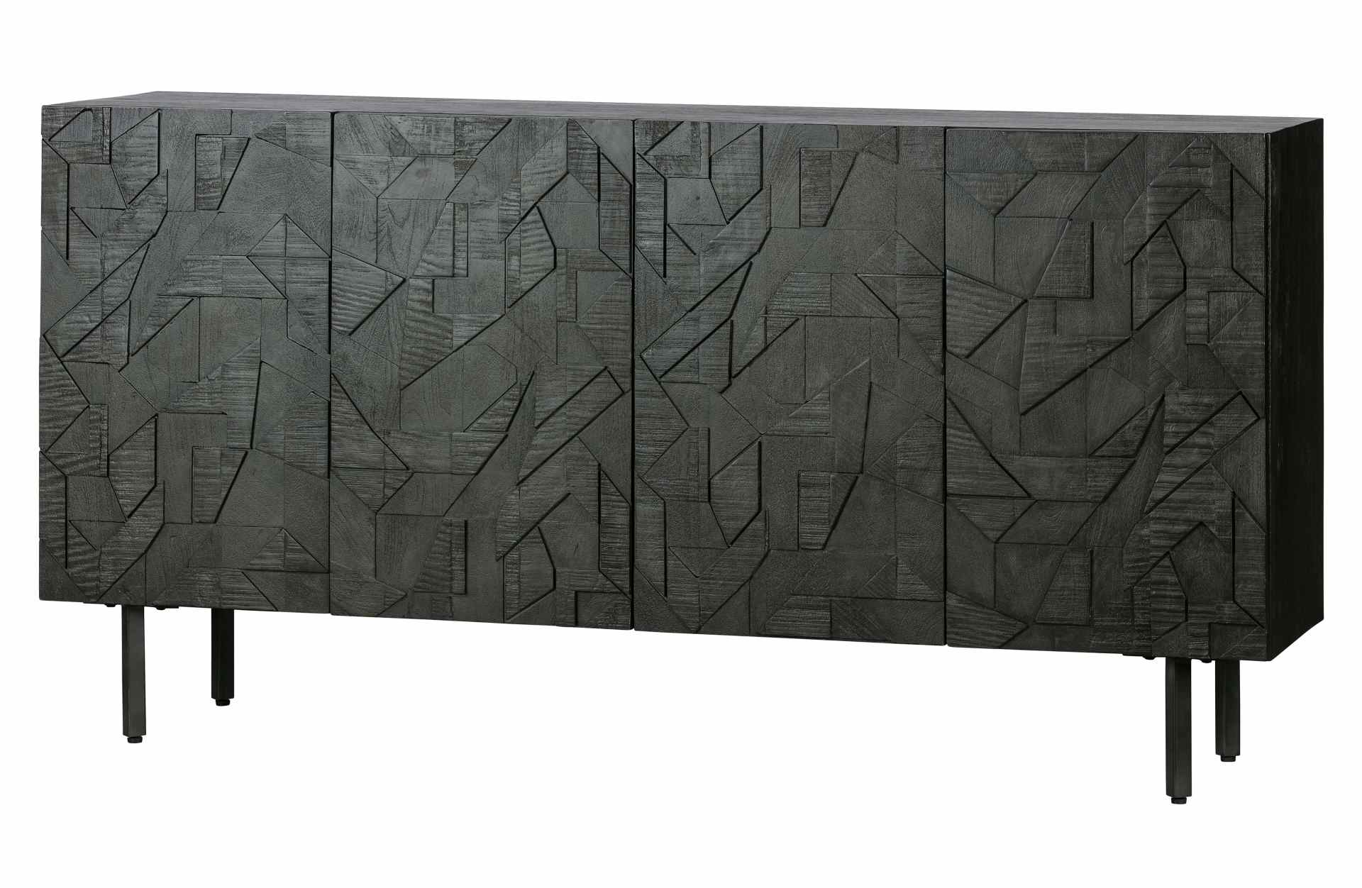 Das Sideboard Counter wurde aus Mangoholz gefertigt, welches einen schwarzen Farbton besitzt. Das Sideboard besitzt vier Türen mit Fächern im inneren für ausreichend Stauraum.