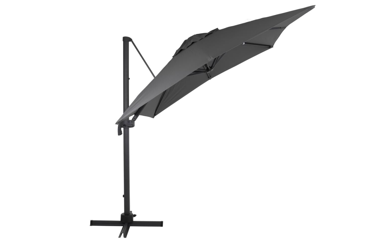 Der Sonnenschirm Linz überzeugt mit seinem modernen Design. Gefertigt wurde er aus Kunstfasern, welcher einen grauen Farbton besitzt. Das Gestell ist aus Metall und hat eine Anthrazit Farbe. Der Schirm hat eine Größe von 250x250 cm.