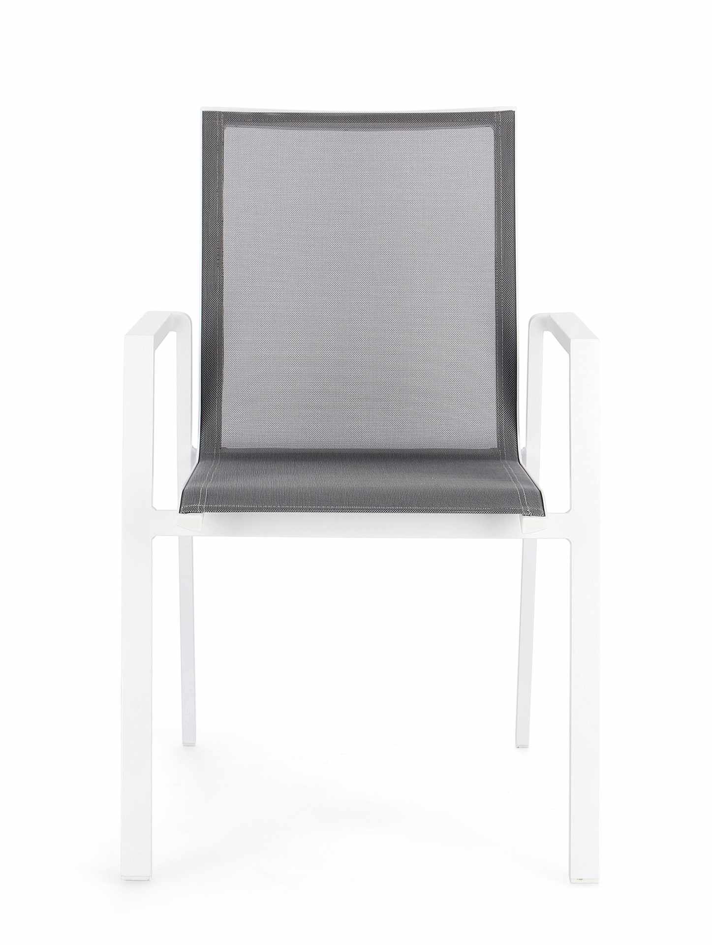Der Gartenstuhl Krion überzeugt mit seinem modernen Design. Gefertigt wurde er aus Textilene, welche einen grauen Farbton besitzt. Das Gestell ist aus Aluminium und hat auch eine weiße Farbe. Der Stuhl verfügt über eine Sitzhöhe von 45 cm und ist für den 