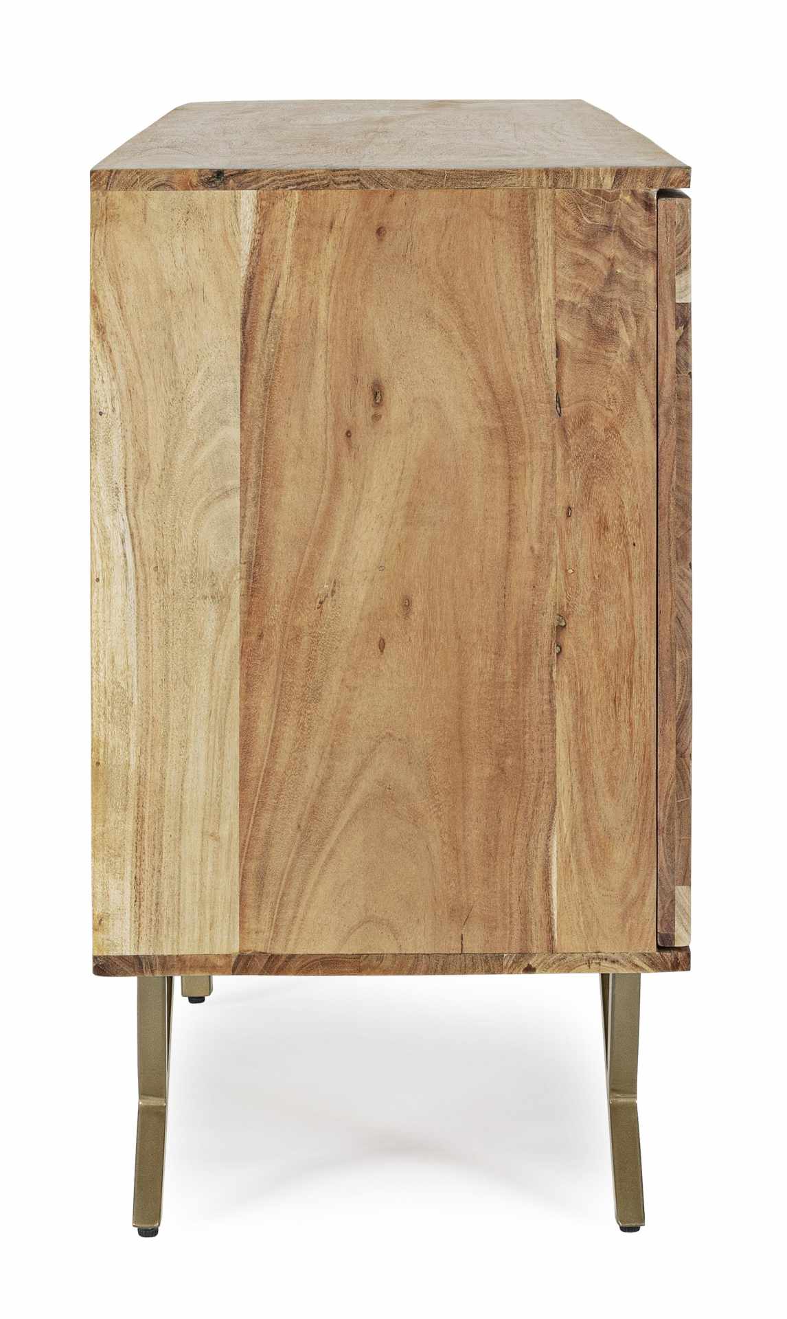 Das Sideboard Raida überzeugt mit seinem modernem Design. Gefertigt wurde es aus Akazien-Holz, welches einen natürlichen Farbton besitzt. Das Gestell ist aus Metall und hat eine goldene Farbe. Das Sideboard verfügt über drei Türen. Die Breite beträgt 160 