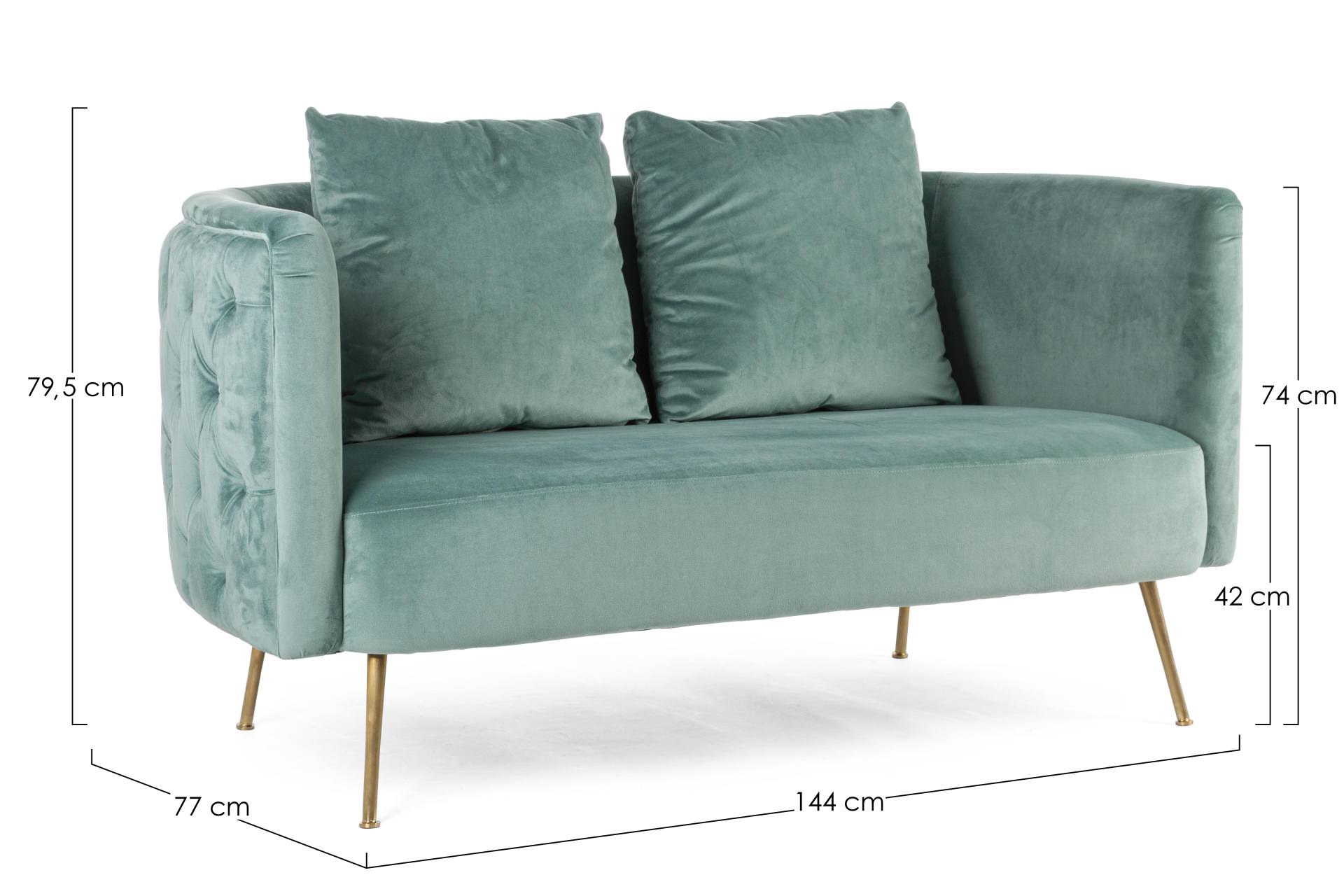 Das Sofa Tenbury überzeugt mit seinem modernen Design. Gefertigt wurde es aus Stoff in Samt-Optik, welcher einen türkis Farbton besitzt. Das Gestell ist aus Metall und hat eine goldene Farbe. Das Sofa ist in der Ausführung als 2-Sitzer. Die Breite beträgt