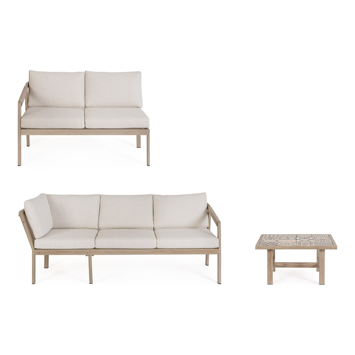 Gartenecksofa Kalimera - Aluminium Timber Natur, Olefin Beige, inkl. Couchtisch