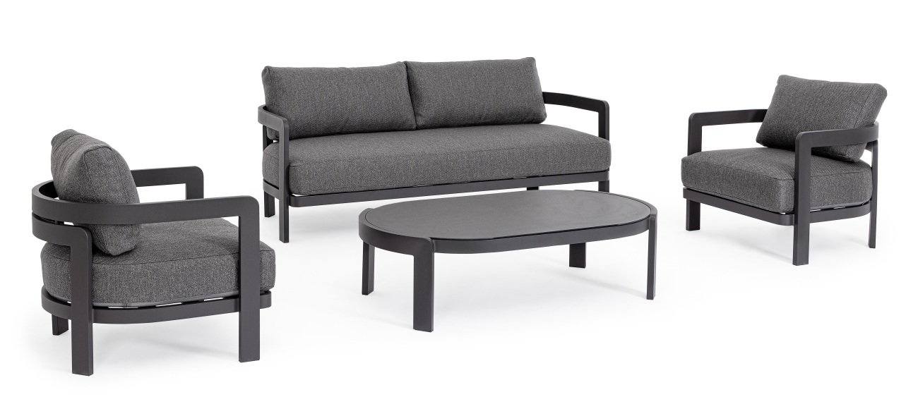 Das Garten-Set Presly überzeugt mit seinem modernen Design. Gefertigt wurde es aus Aluminium, welches einen Anthrazit Farbton besitzt. Das Gestell ist auch aus Aluminium. Das Set besteht aus einem Sofa, zwei Sesseln und einem Couchtisch..