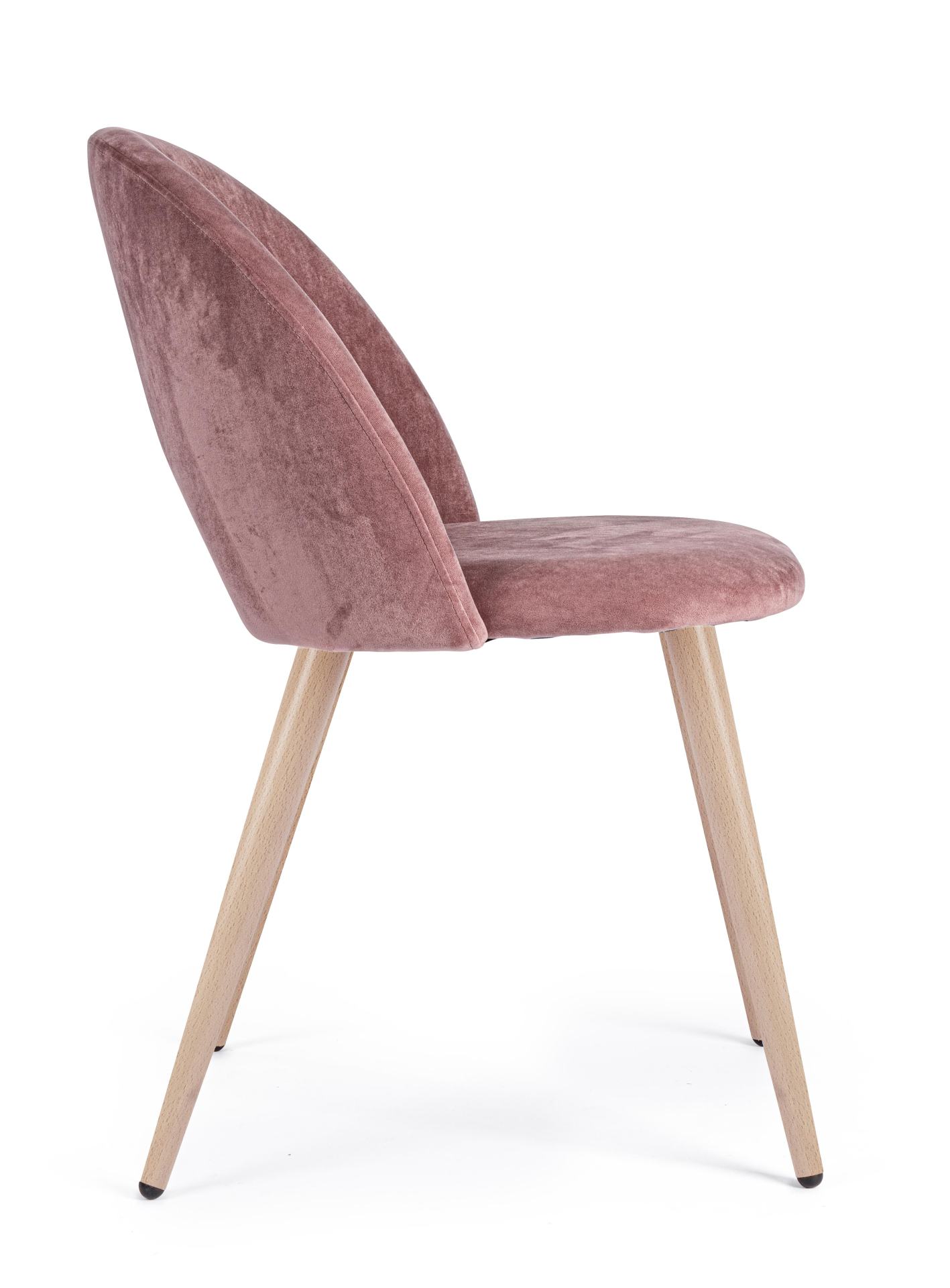 Der Esszimmerstuhl Linzey besitzt einen Samt-Bezug, welcher einen Rosa Farbton besitzt. Das Gestell ist aus Metall und hat eine Holz-Optik. Das Design des Stuhls ist modern. Die Sitzhöhe des Stuhls beträgt 46 cm.