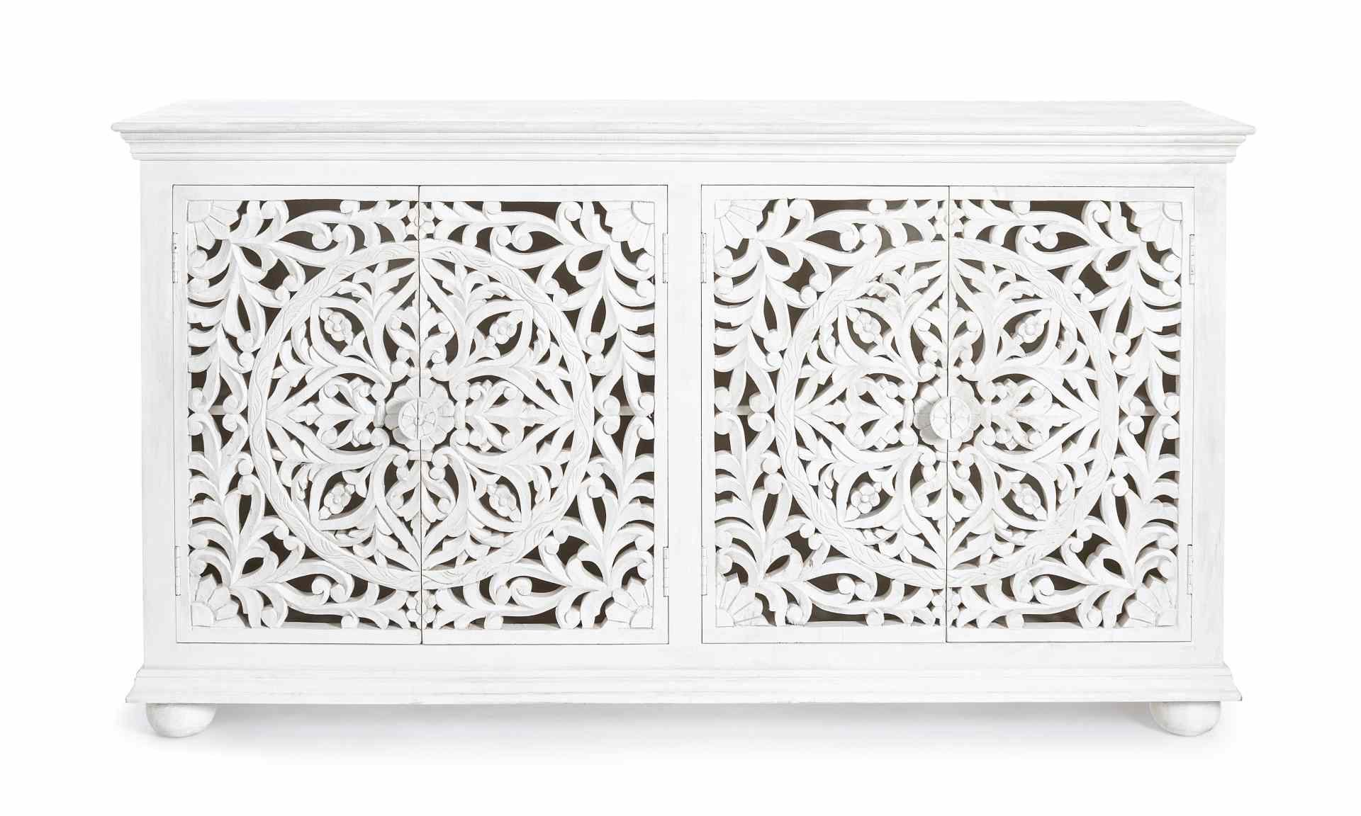 Das Sideboard Alina überzeugt mit seinem klassischen Design. Gefertigt wurde es aus Mango-Holz, welches einen weißen Farbton besitzt. Das Gestell ist auch aus Mango-Holz. Das Sideboard verfügt über vier Türen. Die Breite beträgt 178 cm.