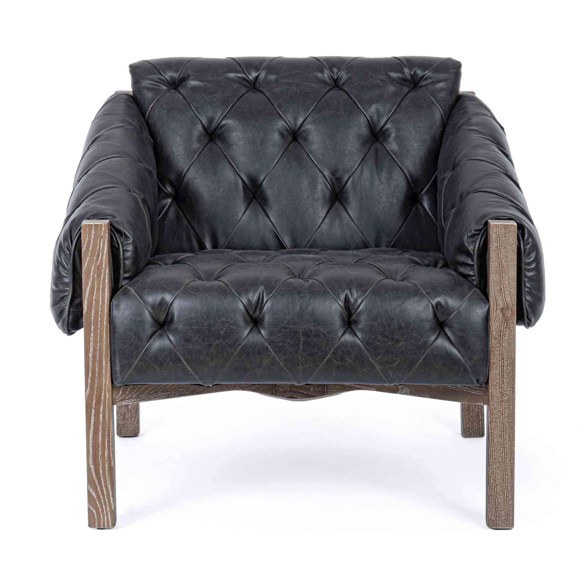 Der Sessel Harrison überzeugt mit seinem klassischen Design. Gefertigt wurde er aus Kunstleder, welches einen schwarzen Farbton besitzt. Das Gestell ist aus Eschenholz und hat eine natürliche Farbe. Der Sessel besitzt eine Sitzhöhe von 45 cm. Die Breite b