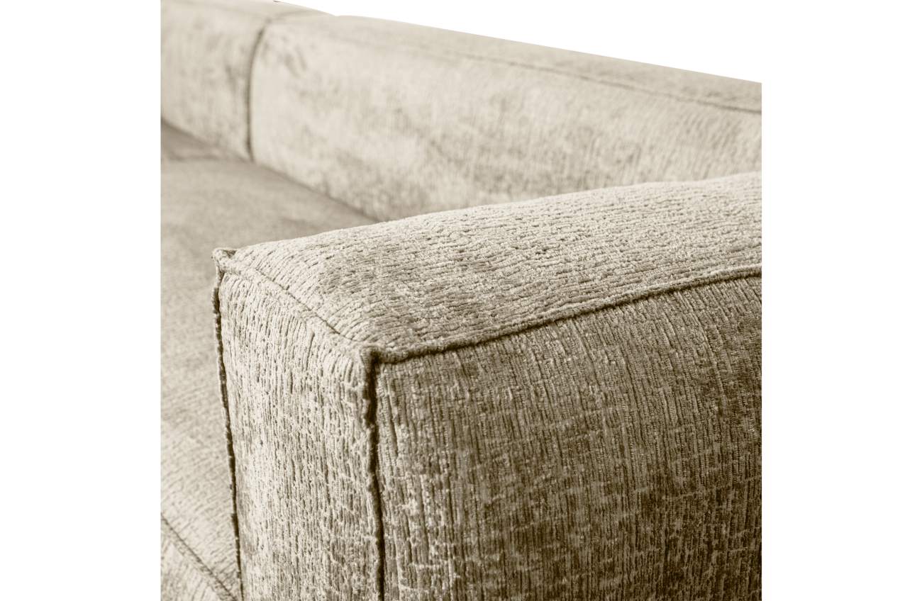 Das Sofa Bean überzeugt mit seinem modernen Stil. Gefertigt wurde es aus Struktursamt, welches einen Creme Farbton besitzt. Das Gestell ist aus Kunststoff und hat eine schwarze Farbe. Das Sofa in der Ausführung Links besitzt eine Größe von 305x175 cm.
