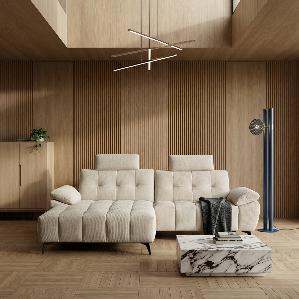 Ecksofa Odaloc Links Stoff Beige - elektrische Fußstütze & USB-Port