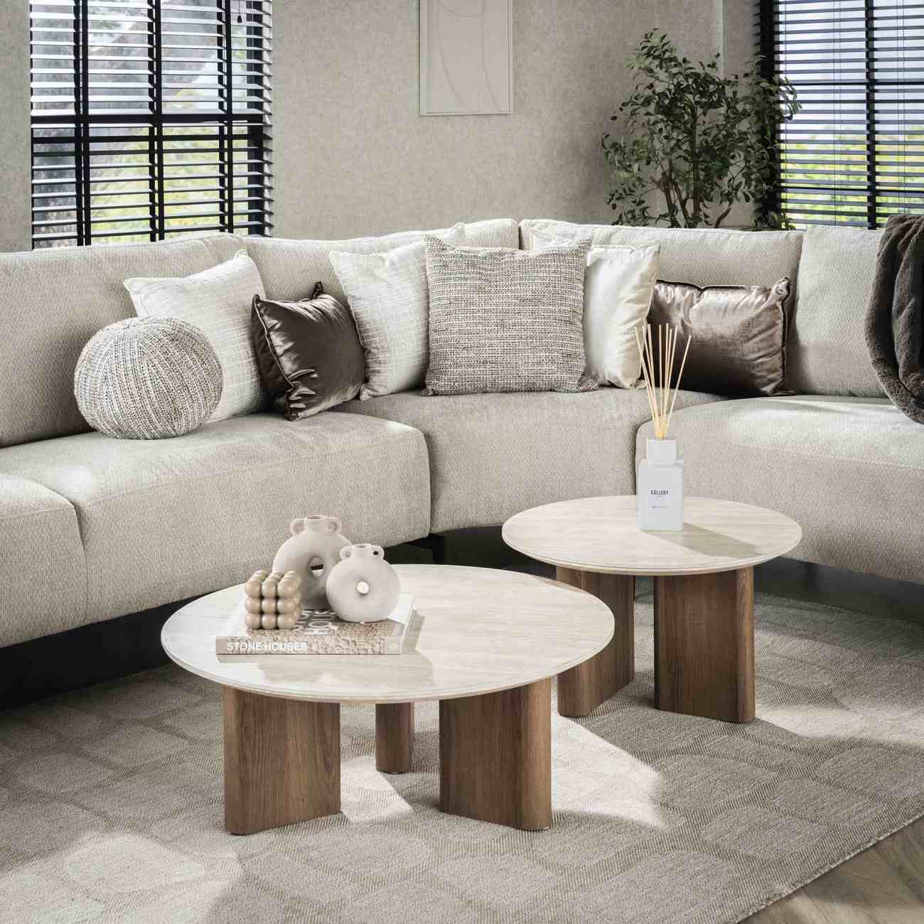 Couchtisch 2er-Set rund | Keramik pflegeleicht, Holzgestell
