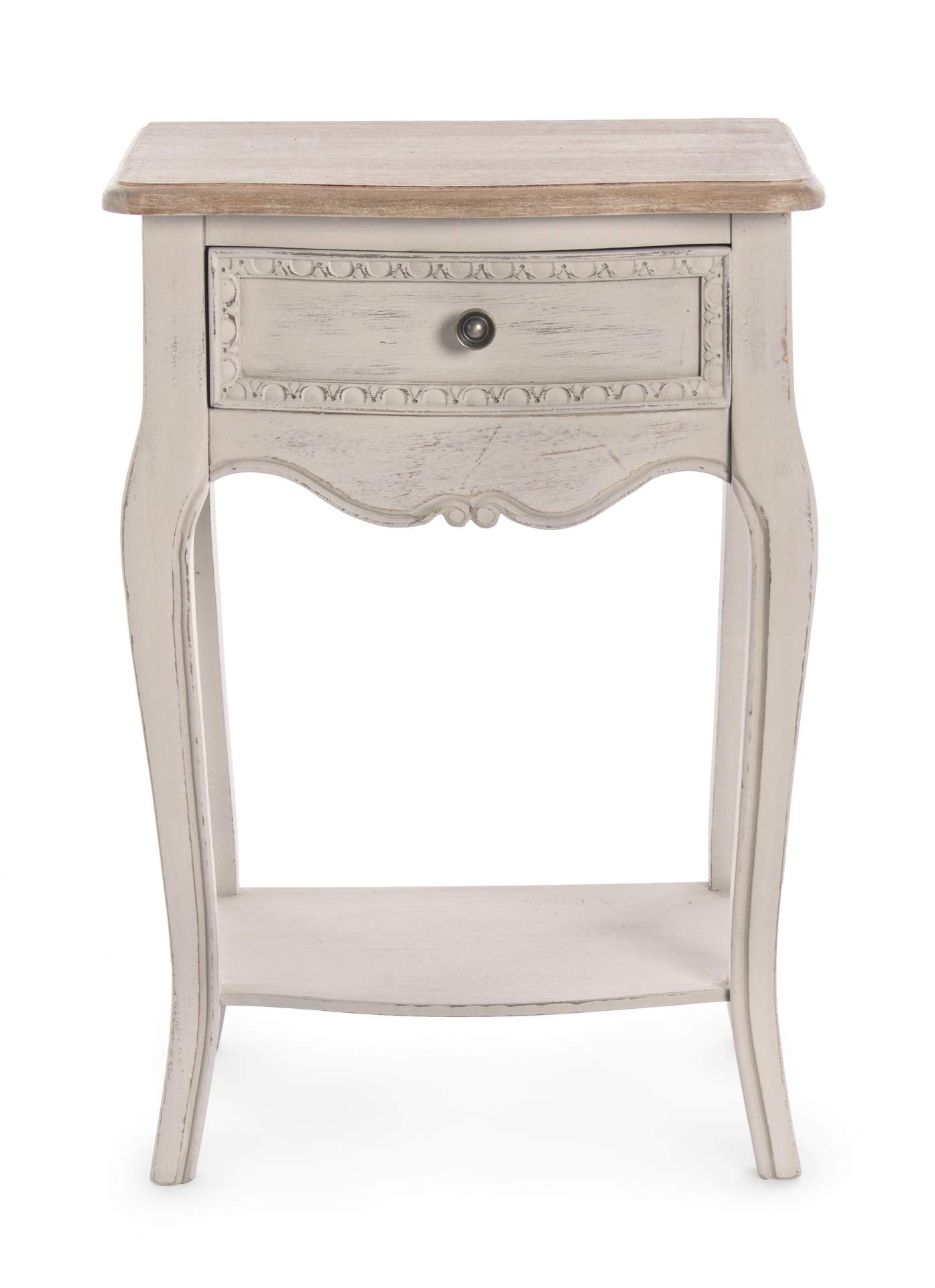 Der Nachttisch Clarissa überzeugt mit seinem klassischen Design. Gefertigt wurde er aus Paulowniaholz, welches einen grauen Farbton besitzt. Das Gestell ist auch aus Paulowniaholz. Der Nachttisch verfügt über eine Schublade. Die Breite beträgt 48 cm.