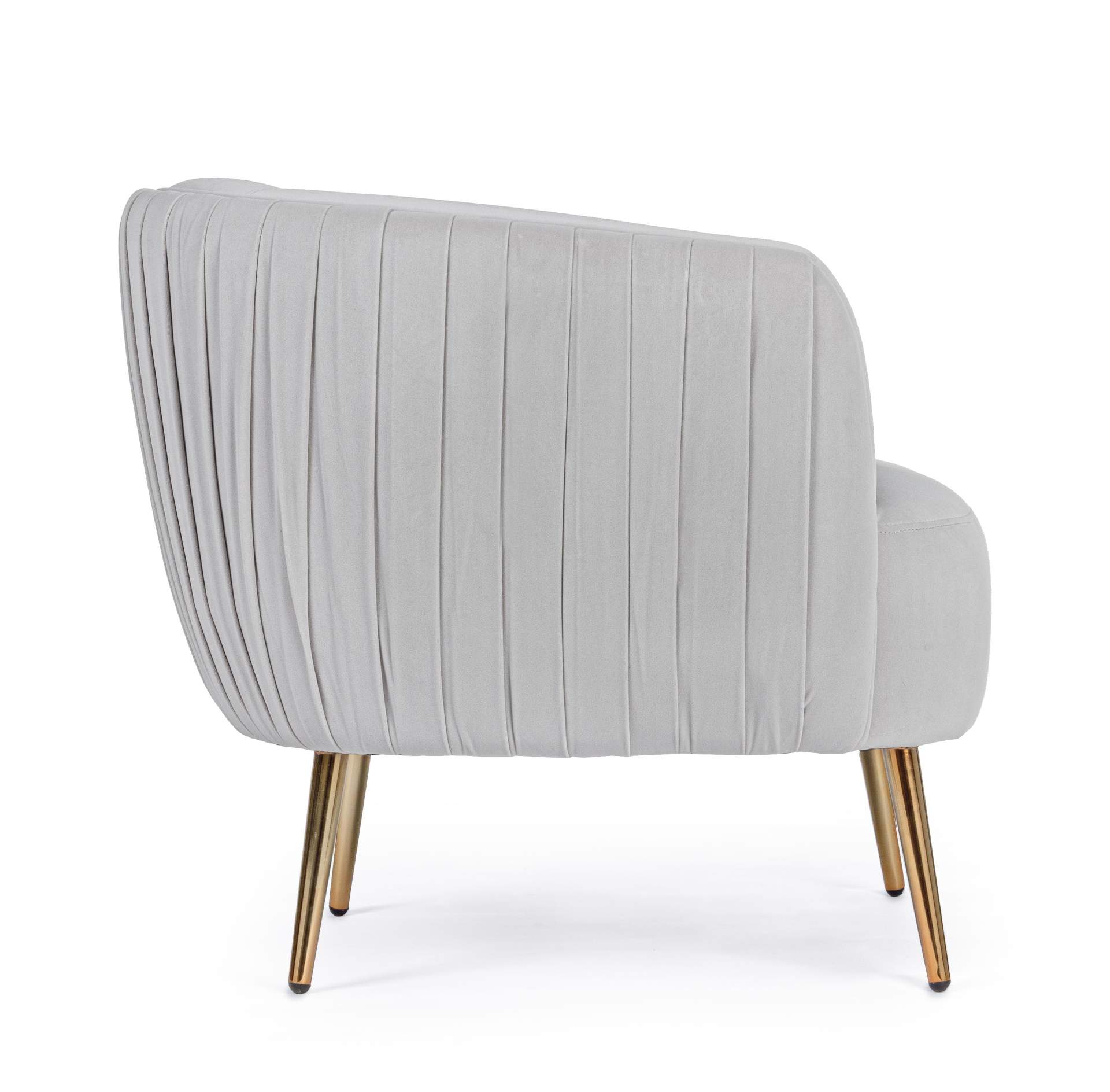Der Sessel Linsey überzeugt mit seinem modernen Design. Gefertigt wurde er aus Stoff in Samt-Optik, welcher einen hellgrauen Farbton besitzt. Das Gestell ist aus Metall und hat eine goldene Farbe. Der Sessel besitzt eine Sitzhöhe von 45 cm. Die Breite bet