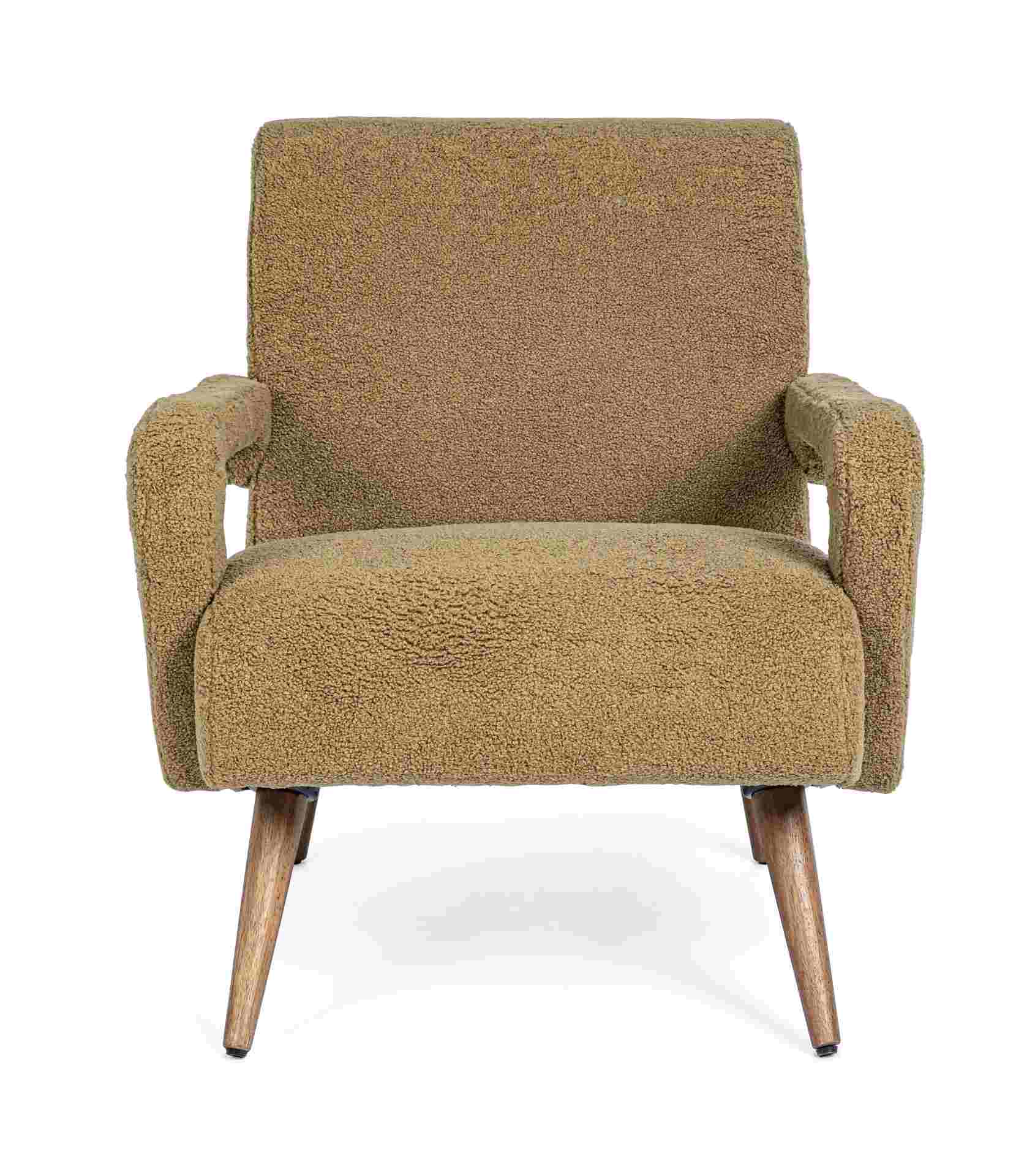 Der Sessel Berna überzeugt mit seinem modernen Design. Gefertigt wurde er aus Stoff in Teddy-Optik, welcher einen braunen Farbton besitzt. Das Gestell ist aus Kautschukholz und hat eine natürliche Farbe. Der Sessel besitzt eine Sitzhöhe von 45 cm. Die Bre