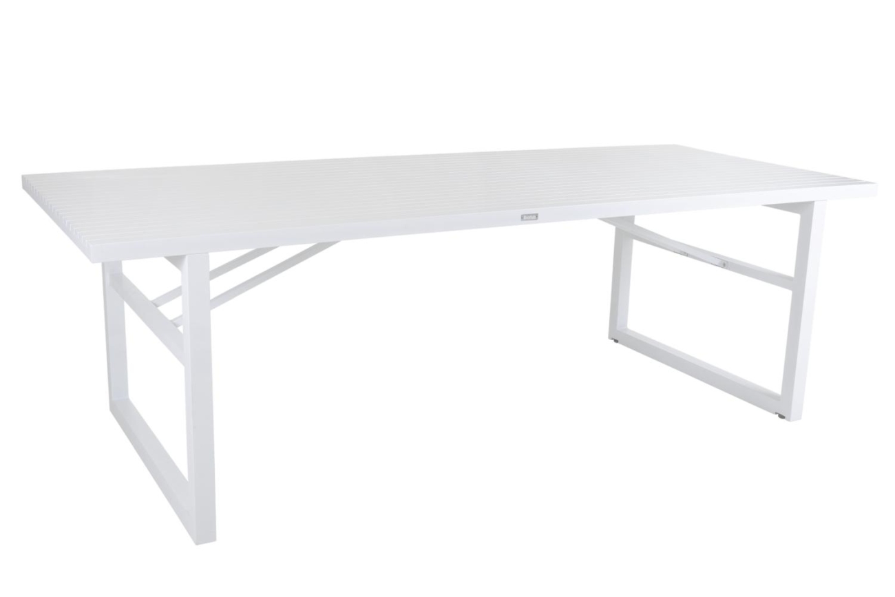 Der Gartenesstisch Vevi überzeugt mit seinem modernen Design. Gefertigt wurde die Tischplatte aus Metall, welche einen weißen Farbton besitzt. Das Gestell ist auch aus Metall und hat eine weiße Farbe. Der Tisch besitzt eine Länge von 230 cm.