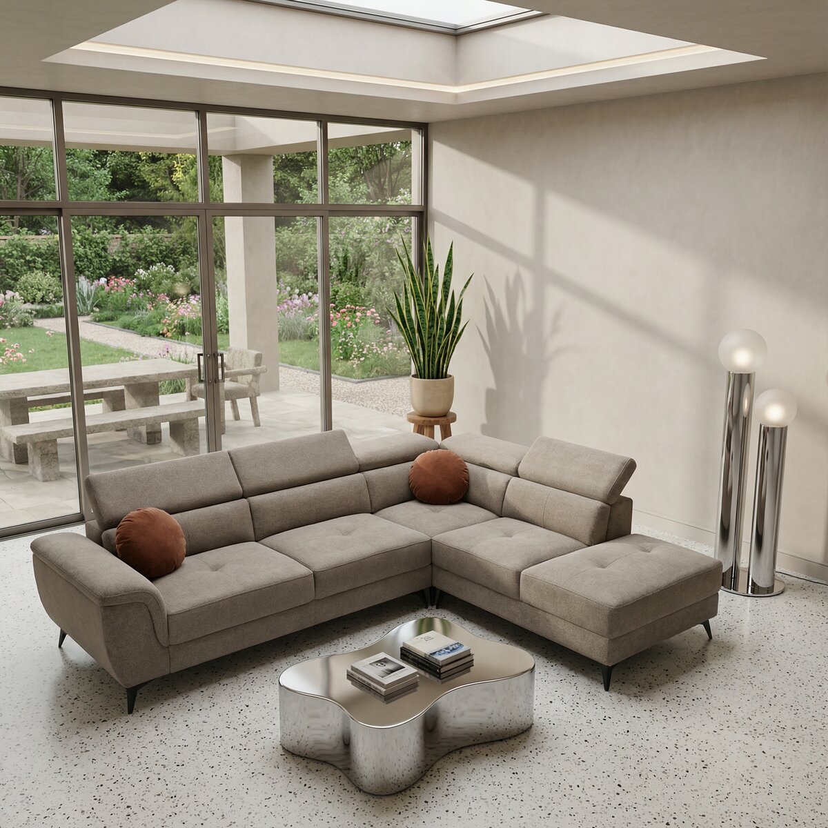 Ecksofa Sibet Rechts Taupe - mit OEKO-TEX Bezug & Kopfstütze