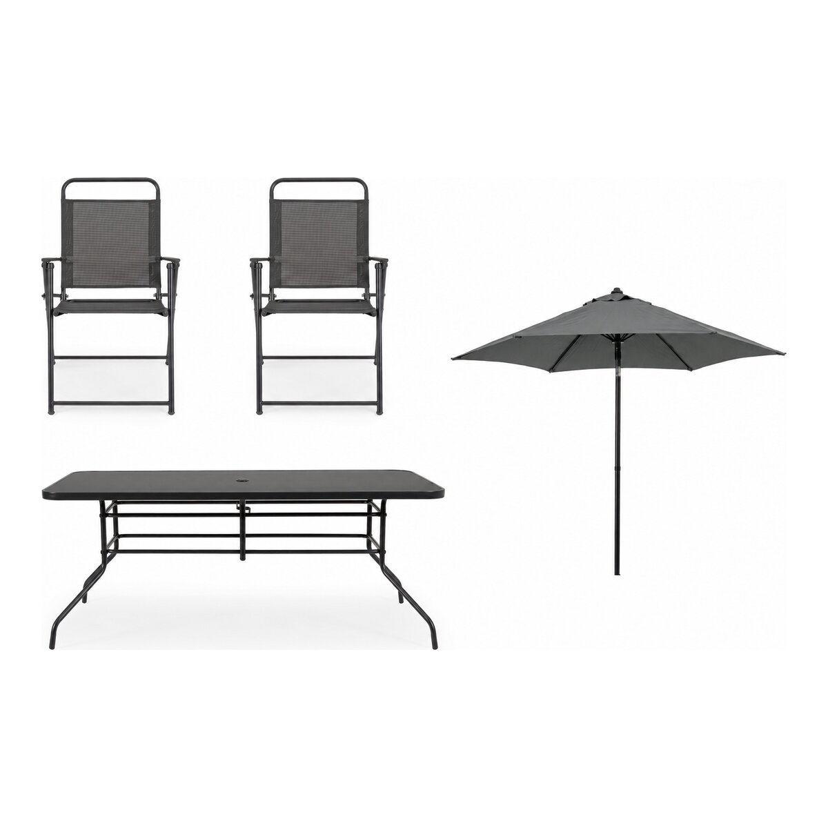 Garten-Set Pompei aus Metall, klassisch, anthrazit, mit Tischplatte aus Glas und Sonnenschirm