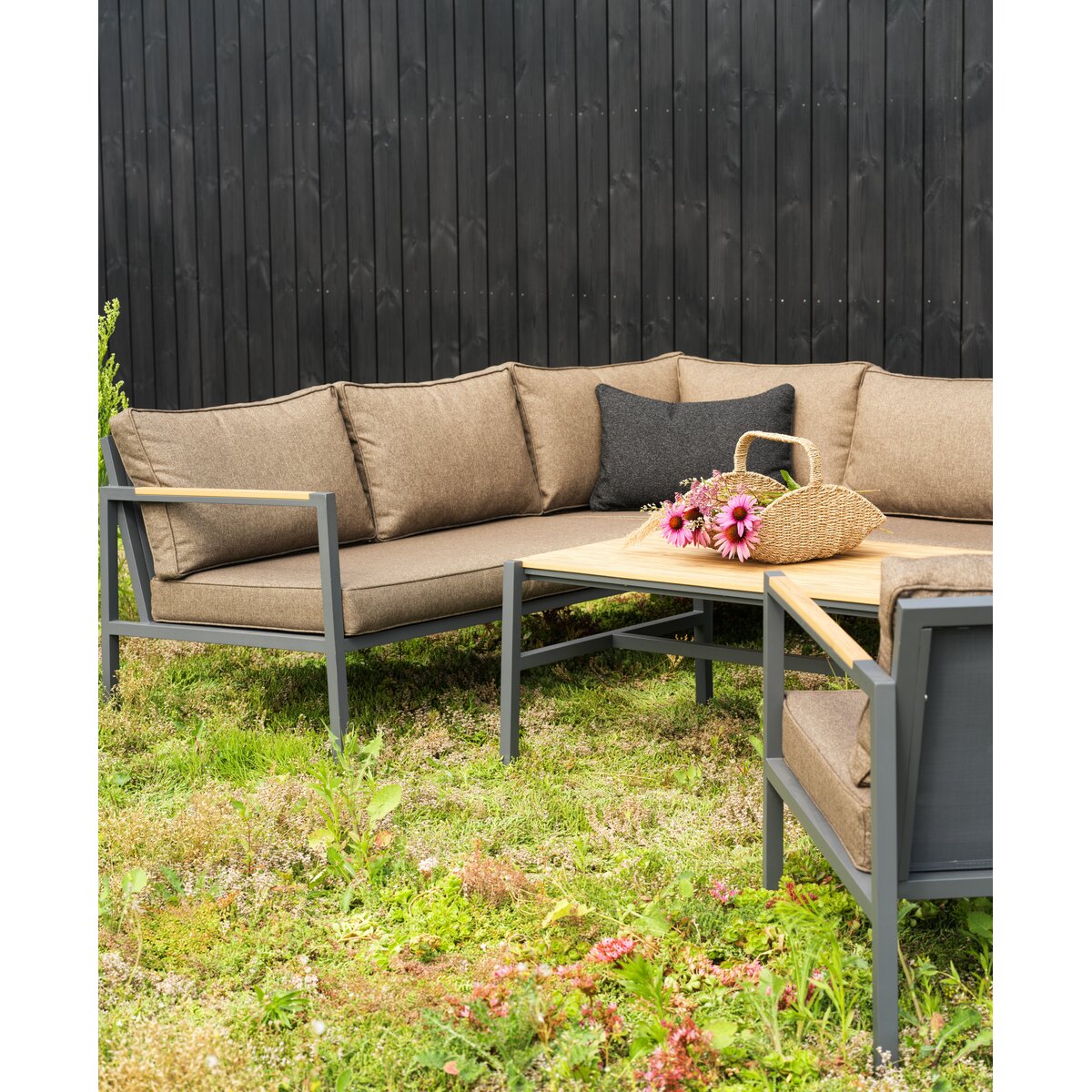 Gartenecksofa Cap, Anthrazit/Braun - Aluminium, inkl. Couchtisch & Kissen, 214x279 cm