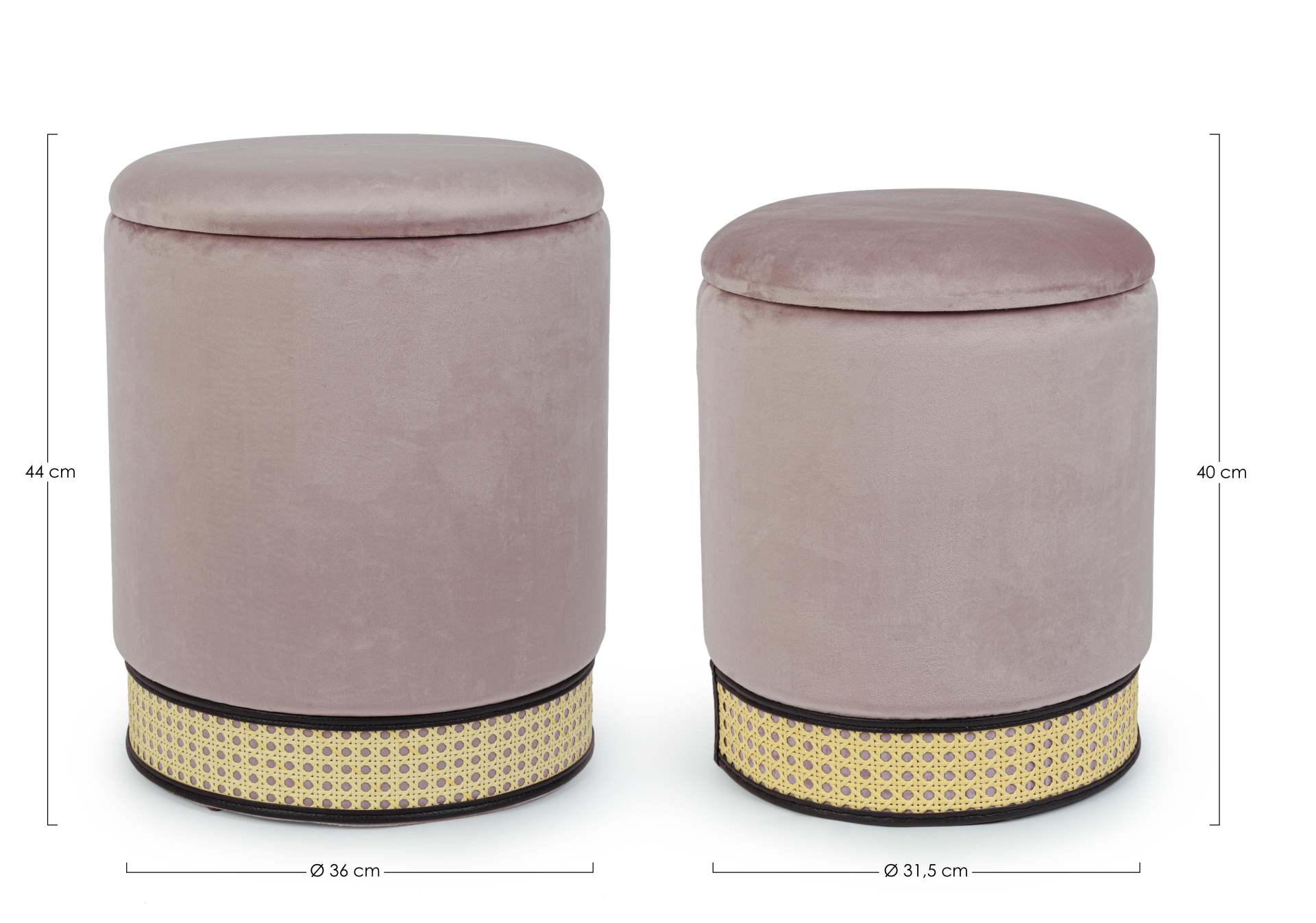 Der Pouf Milena überzeugt mit seinem klassischen Design. Erhältlich ist er als 2er-Set. Gefertigt wurde er aus Stoff in Samt-Optik, welcher einen rosa Farbton besitzt. Die Dekoration ist aus Kunstleder und Rattan und hat eine goldene Farbe. Der Durchmesse