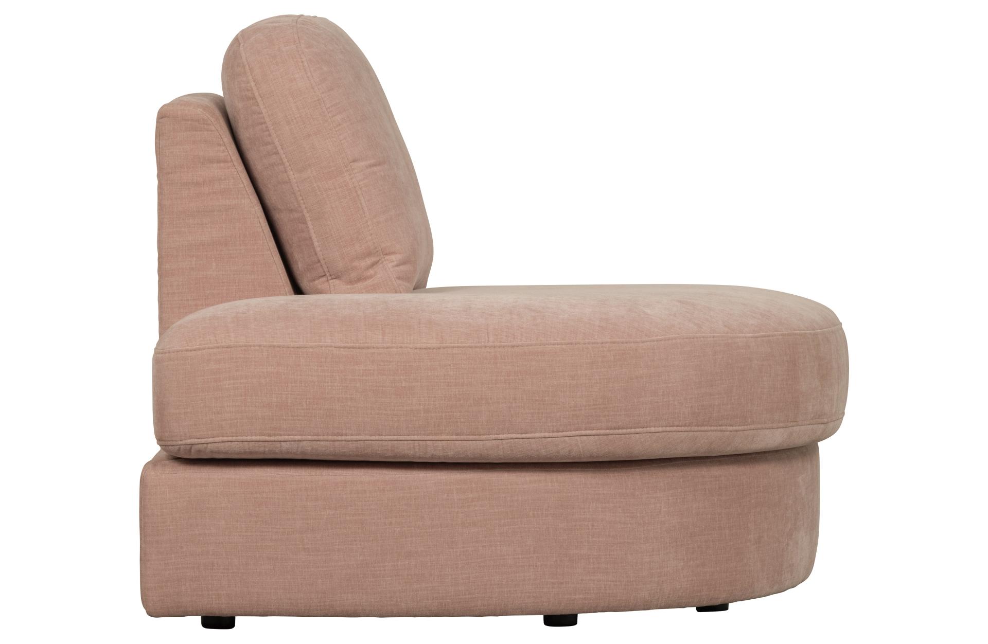 Das Modulsofa Family überzeugt mit seinem modernen Design. Das 1-Seat Eck Element mit der Ausführung Links wurde aus Gewebe-Stoff gefertigt, welcher einen einen rosa Farbton besitzen. Das Gestell ist aus Metall und hat eine schwarze Farbe. Das Element hat