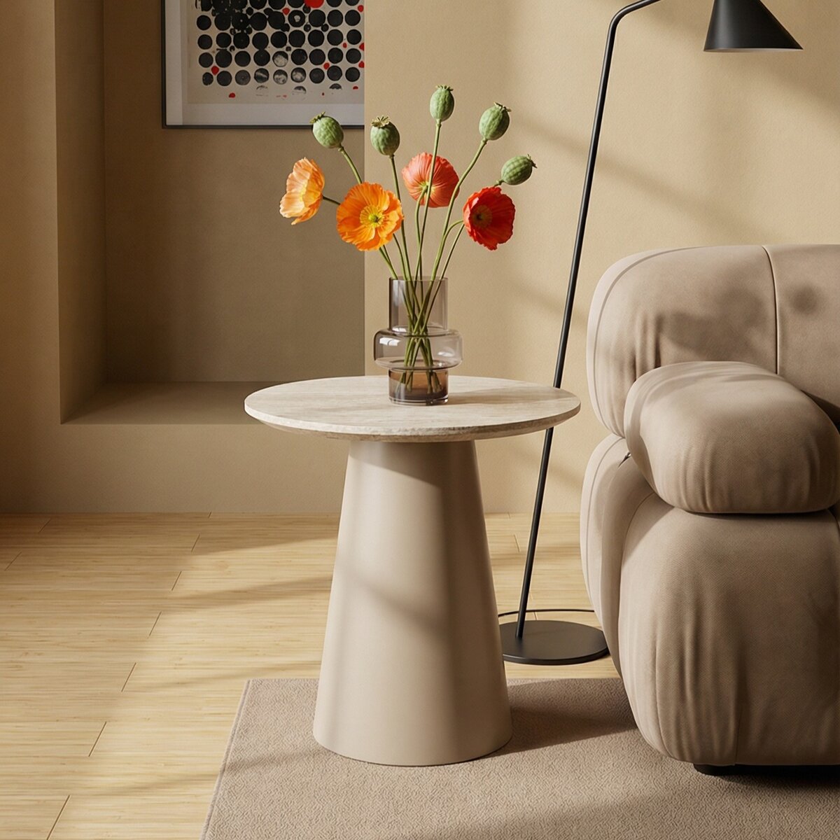 Beistelltisch Oganto Ø45 cm in Travertin-Dekor, Beige