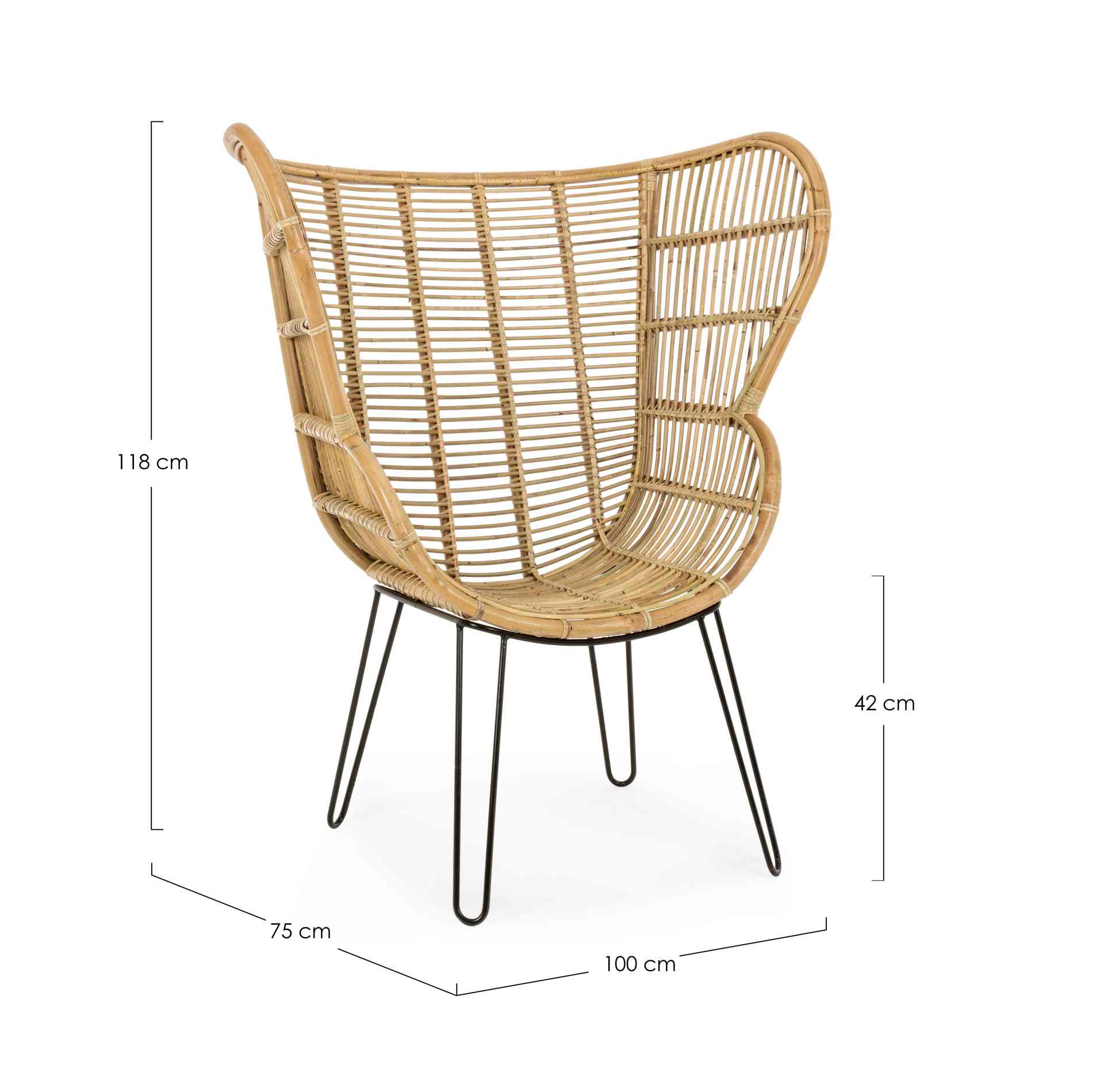 Der Sessel Estefan überzeugt mit seinem klassischen Design. Gefertigt wurde er aus Rattan, welches einen natürlichen Farbton besitzt. Das Gestell ist aus Metall und hat eine schwarze Farbe. Der Sessel besitzt eine Sitzhöhe von 42 cm. Die Breite beträgt 10