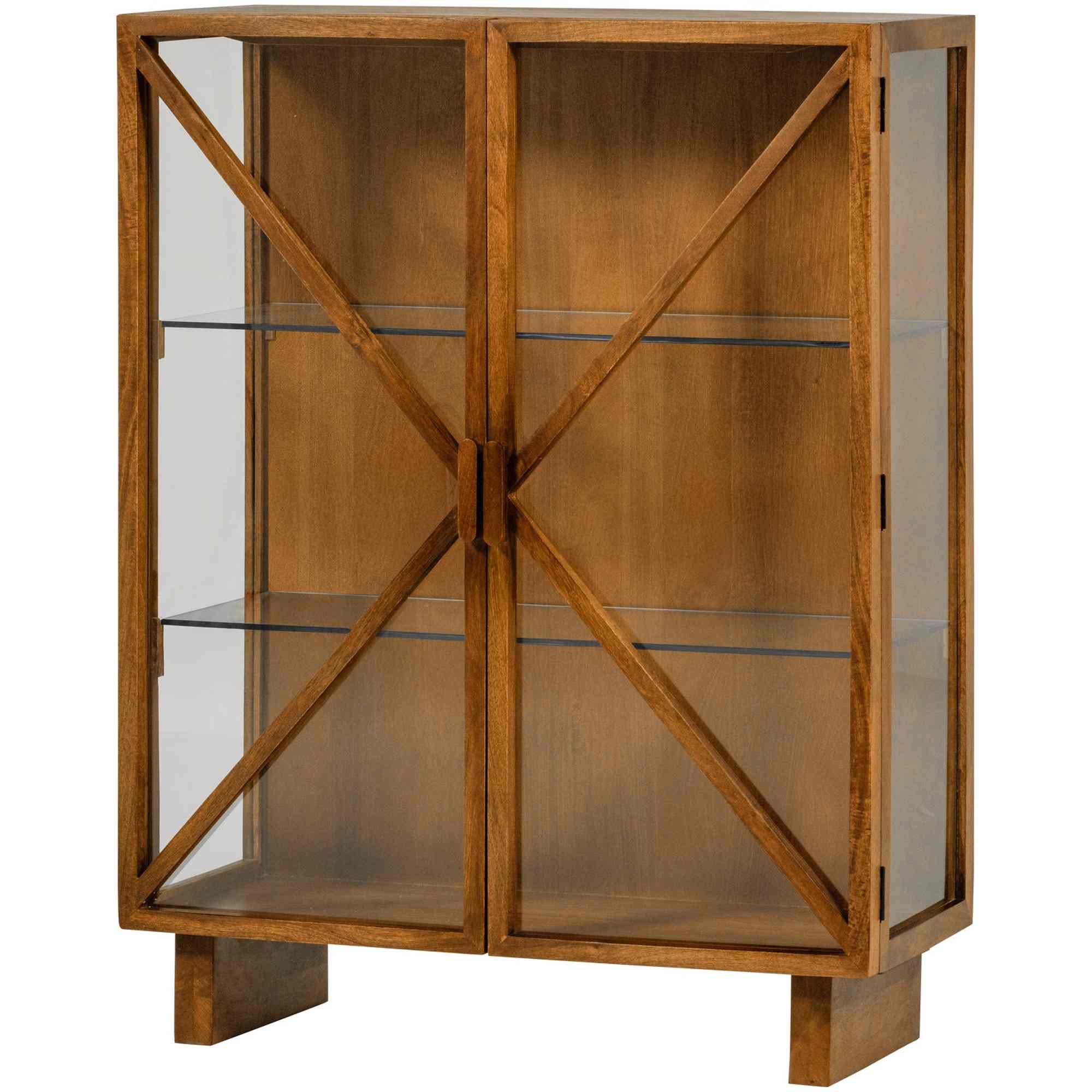 Kella 2-türiger Schrank Mangoholz Natur - elegante Vitrine mit Glas & Ablagefächern, 137 x 40 x 39 cm