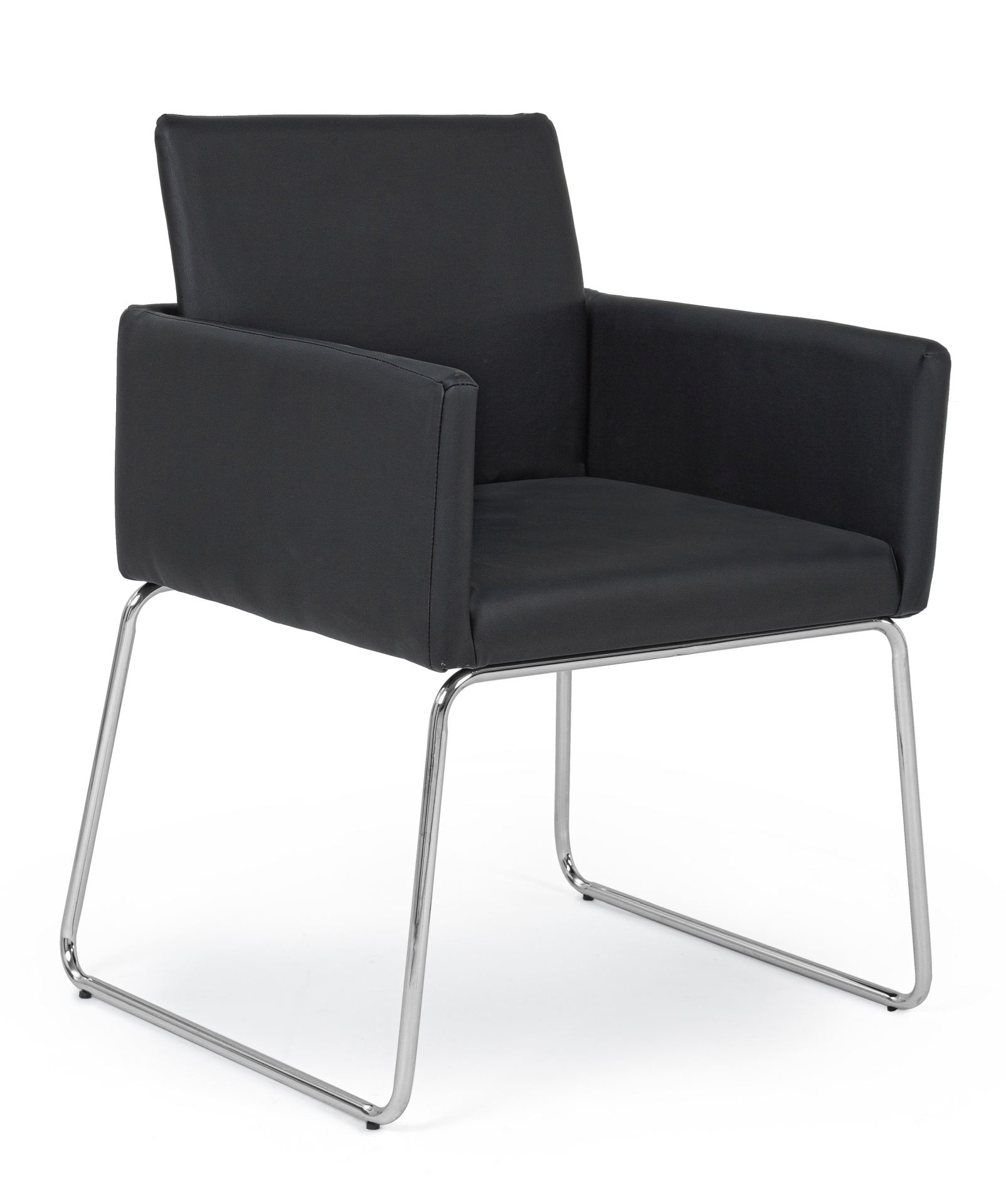 Der Esszimmerstuhl Sixty überzeugt mit seinem modernem Design. Gefertigt wurde der Stuhl aus Kunststoff-Bezug welcher einen schwarzen Farbton besitzt. Das Gestell ist aus Metall und ist Silber. Die Sitzhöhe beträgt 48 cm.