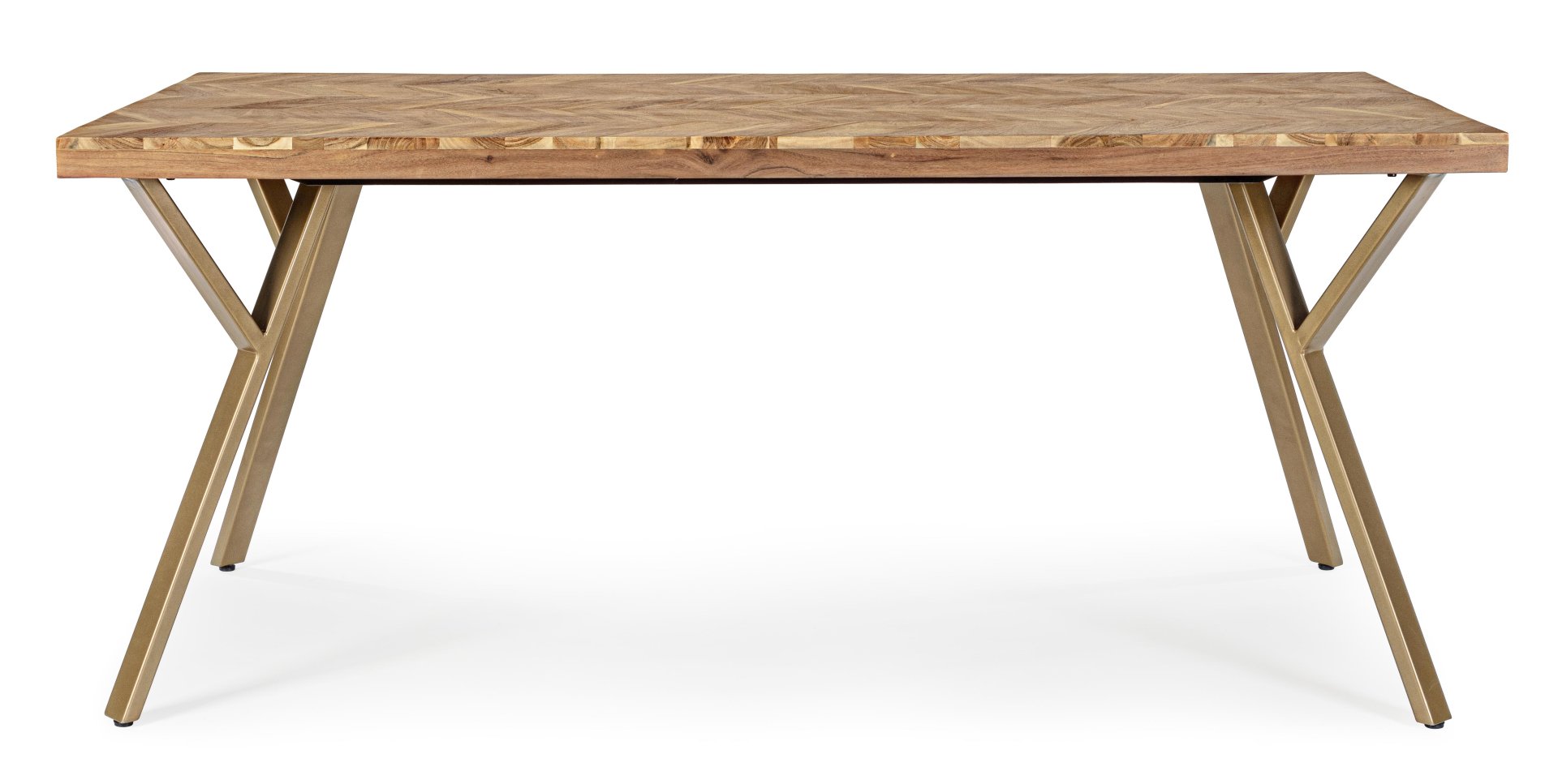 Der Esstisch Raida überzeugt mit seinem moderndem Design. Gefertigt wurde er aus Akazienholz, welches einen natürlichen Farbton besitzt. Das Gestell des Tisches ist aus Metall und ist in eine goldene Farbe. Der Tisch besitzt eine Breite von 160 cm.