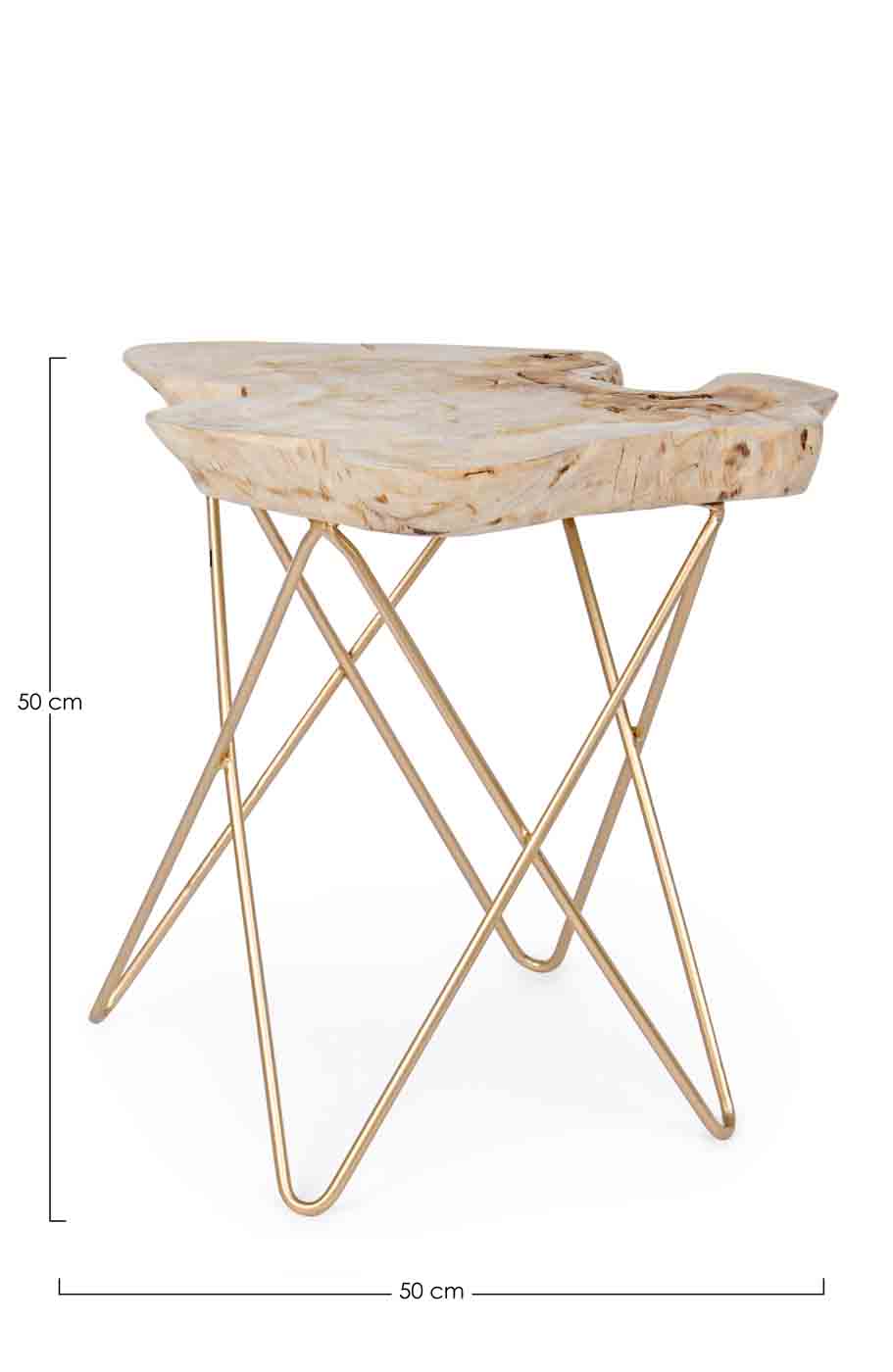 Die Tischplatte des Couchtisches Savanna wurde aus einer Teakholz-Wurzel gefertigt, dadurch ist jeder Tisch ein Unikat. Das Gestell ist aus Stahl und wurde vergoldet.