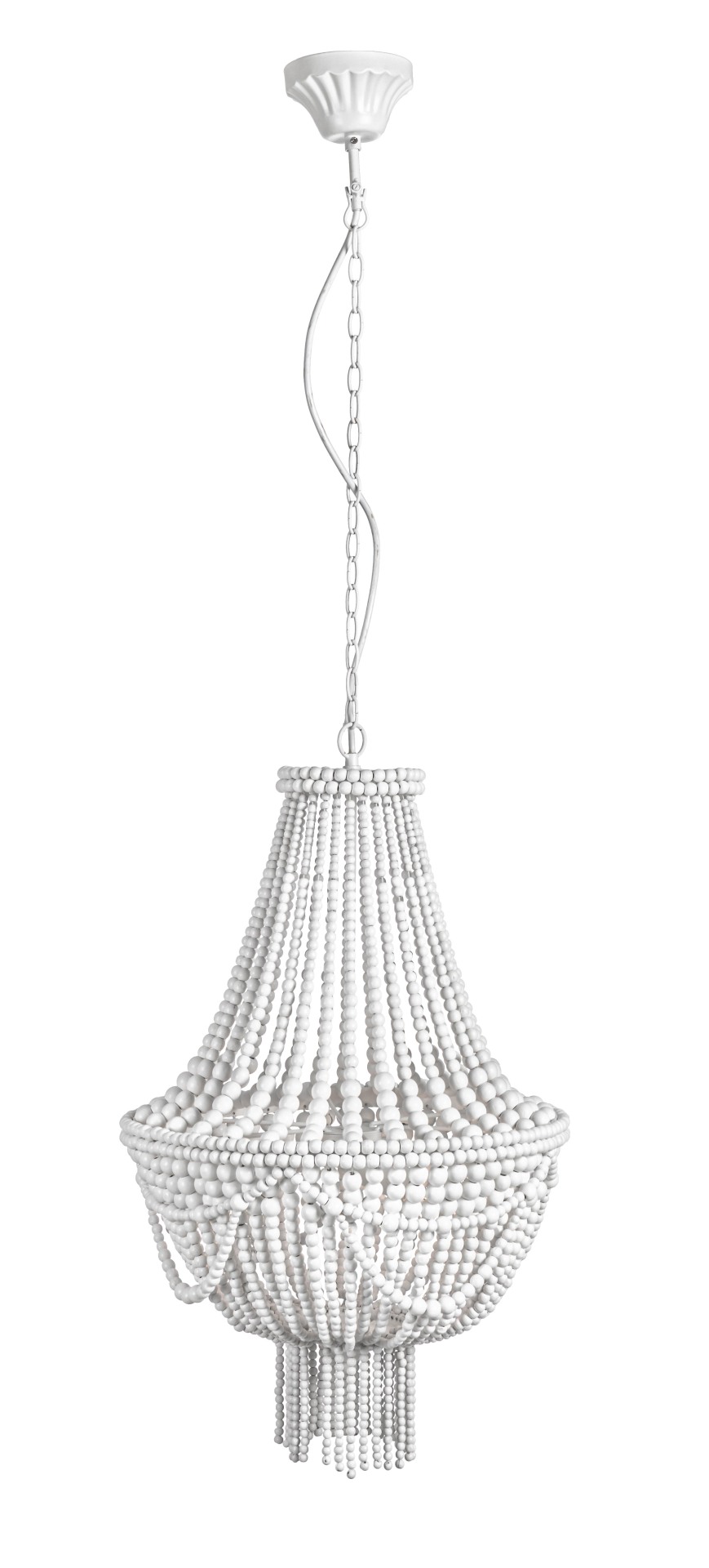 Die Hängeleuchte Pearls überzeugt mit ihrem klassischen Design. Gefertigt wurde sie aus Holzkugeln, welche einen weißen Farbton besitzt. Das Gestell ist aus Metall und hat eine weiße Farbe. Die Lampe besitzt eine Höhe von 60 cm.