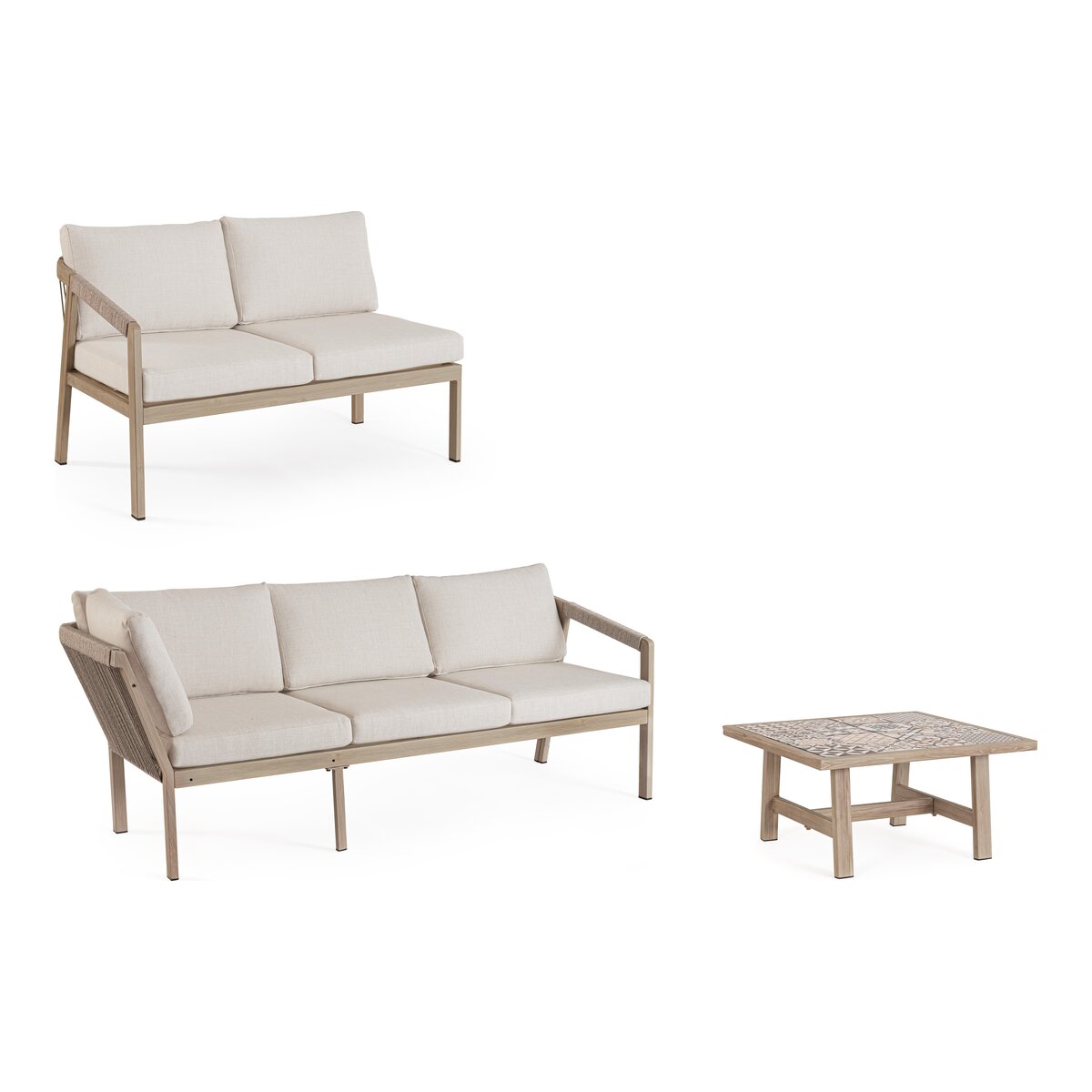 Gartenecksofa Kalimera - Aluminium Timber Natur, Olefin Beige, inkl. Couchtisch