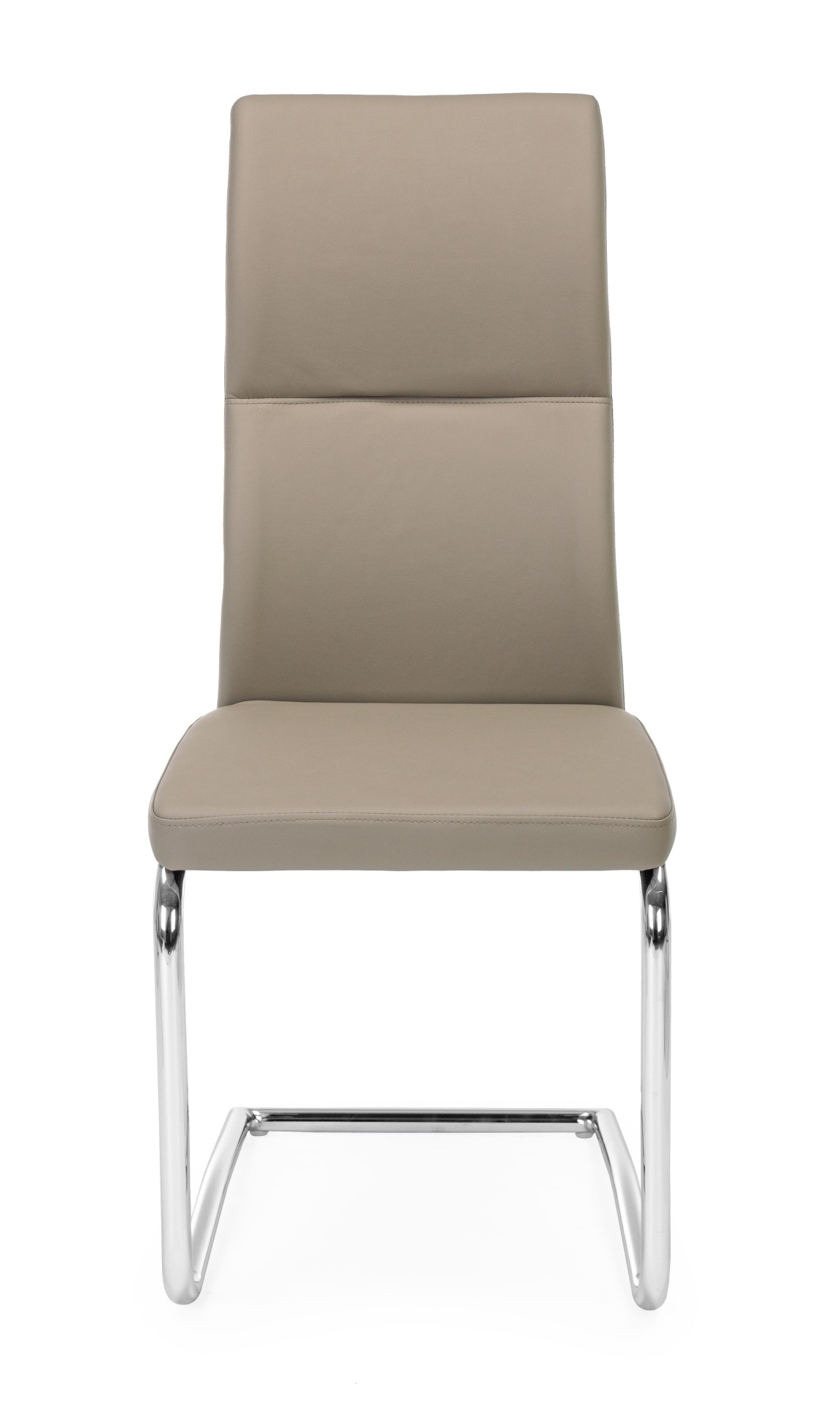 Der Esszimmerstuhl Thelma überzeugt mit seinem modernem Design. Gefertigt wurde der Stuhl aus Kunstleder, welches einen Taupe Farbton besitzt. Das Gestell ist aus Metall und ist Silber. Die Sitzhöhe beträgt 47 cm.