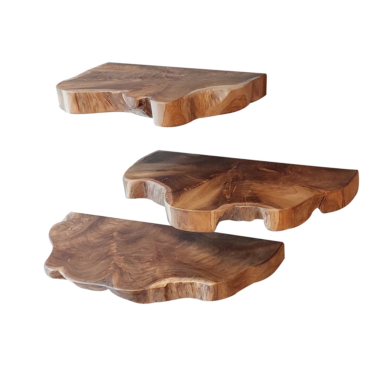 3er-Set Wandregal Natan - Teakholz massiv Natur mit Baumkante 3er-Set Wandregal Kamelia - Teakholz massiv Natur, mit Baumkante