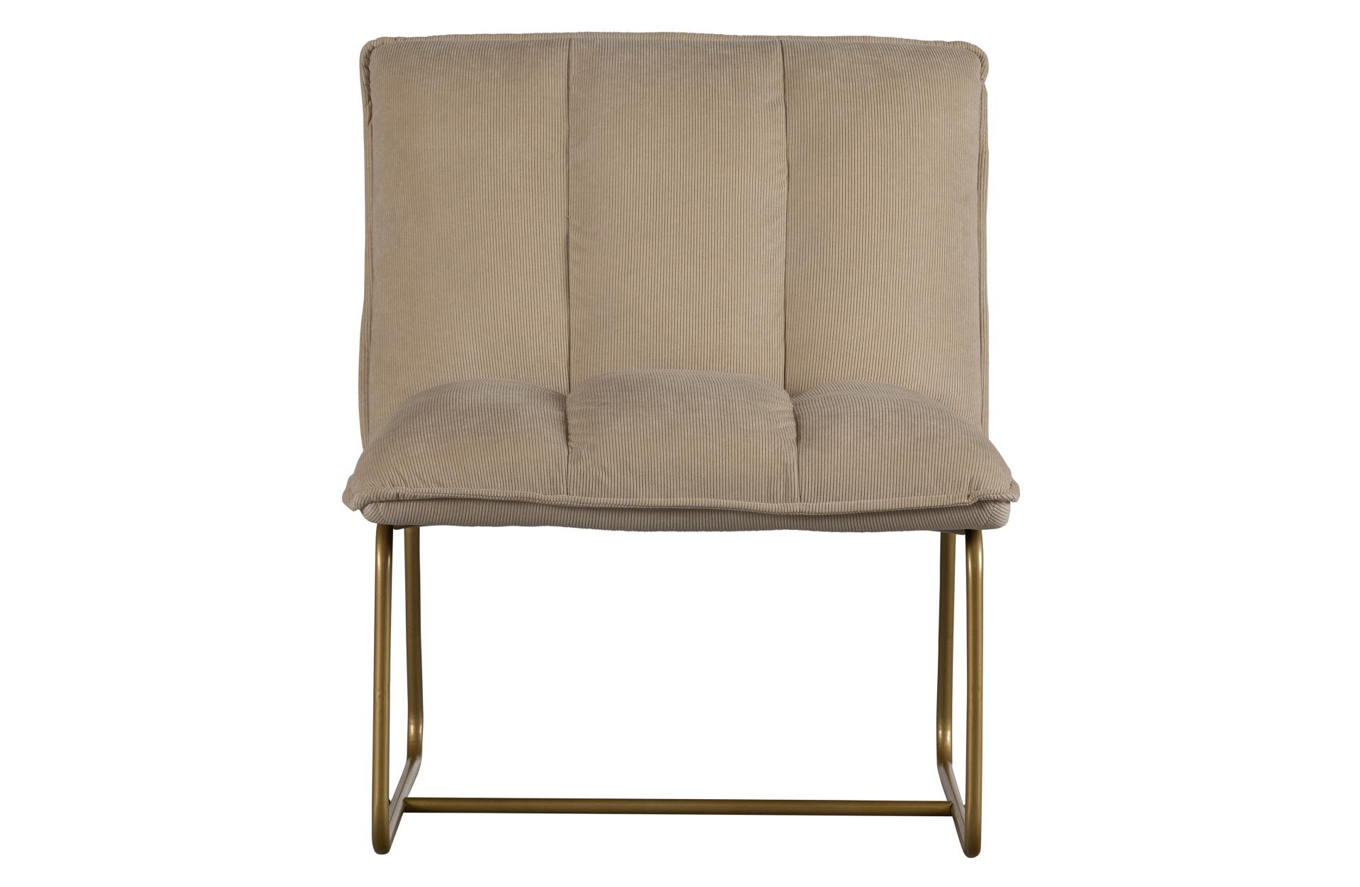 Der Sessel Fie wurde aus einem Ribcord Bezug gefertigt, welcher eine Sand Farbe hat. Das Gestell ist aus goldfarbenem Metall gefertigt, was dem Stuhl ein luxuriöses Aussehen verleiht.