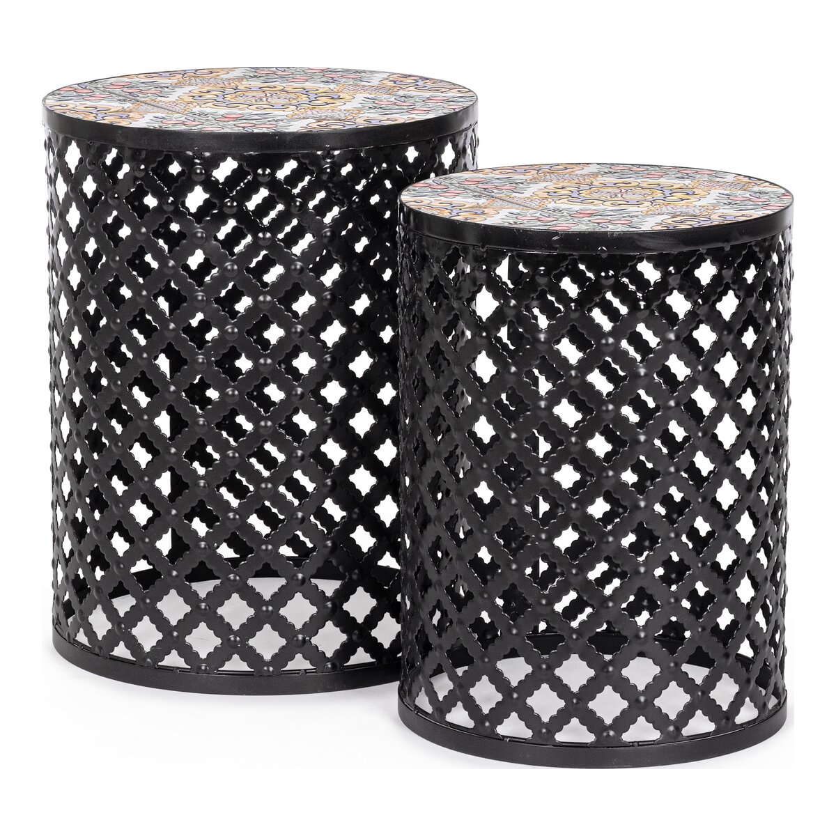 2er-Set Gartenbeistelltisch Santorini - Metall & Keramik, Ø 30 / 35 cm