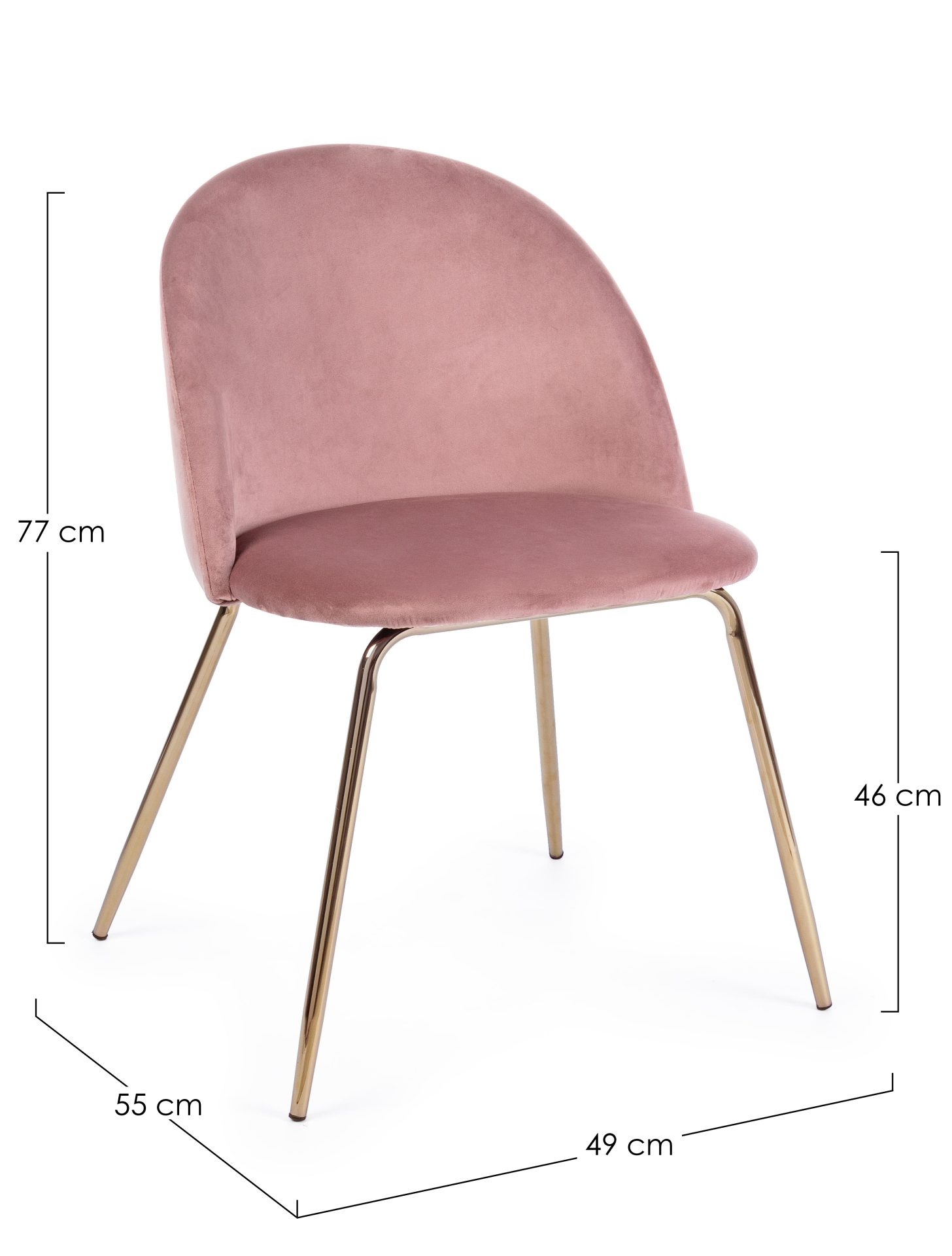 Der Esszimmerstuhl Tanya überzeugt mit seinem modernem Design. Gefertigt wurde der Stuhl aus Samt, welcher einen rosa Farbton besitzt. Das Gestell ist aus Metall und ist Gold. Die Sitzhöhe beträgt 46 cm.
