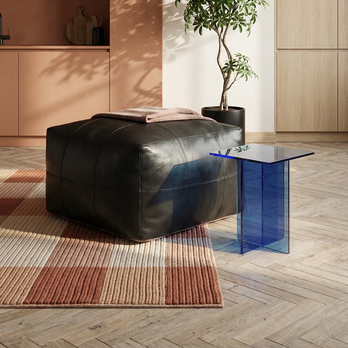 Pouf Anneta aus Leder 60x60 cm, Schwarz