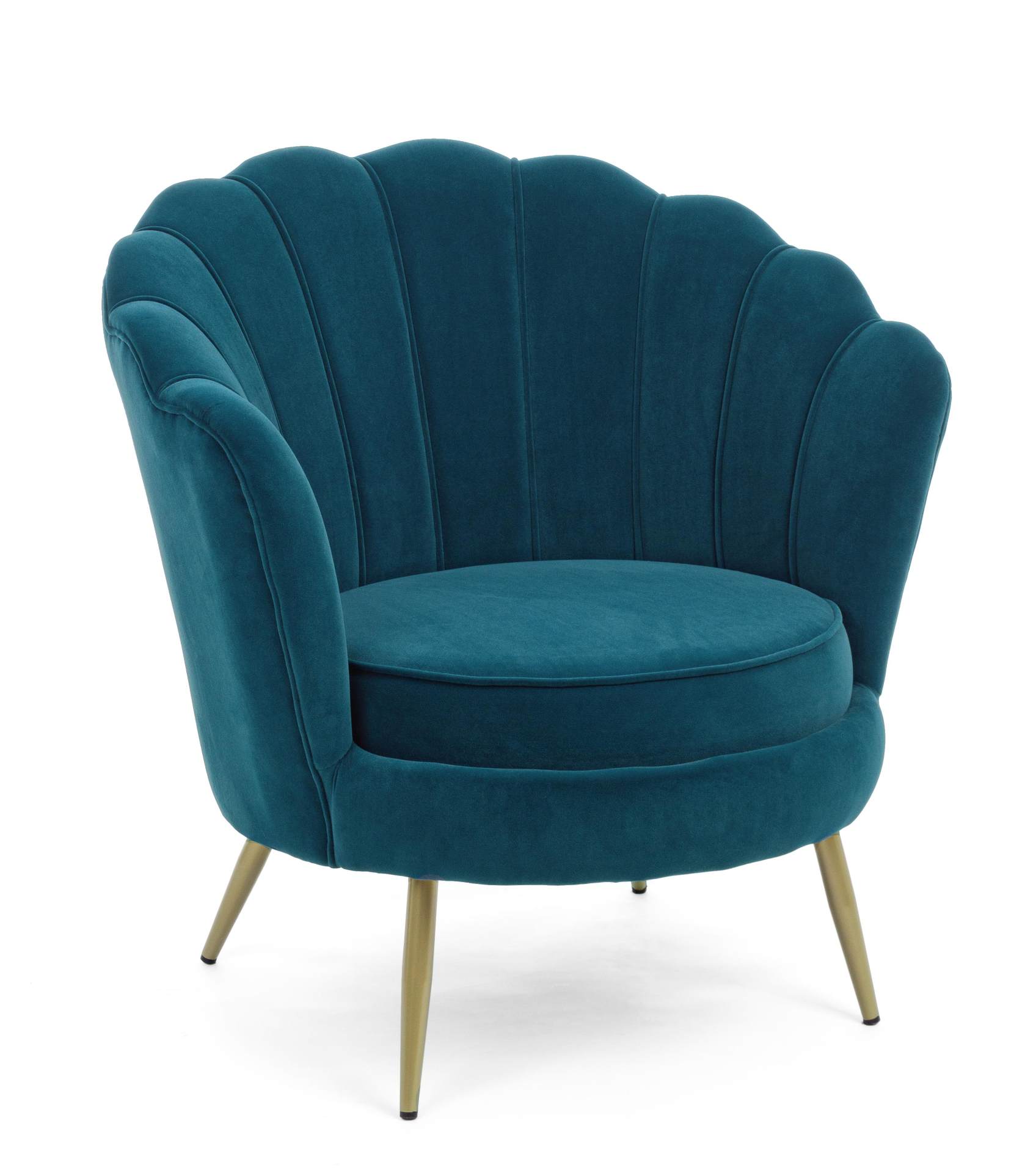 Der Sessel Giliola überzeugt mit seinem modernen Design. Gefertigt wurde er aus Stoff in Samt-Optik, welcher einen blauen Farbton besitzt. Das Gestell ist aus Metall und hat eine goldene Farbe. Der Sessel besitzt eine Sitzhöhe von 45 cm. Die Breite beträg