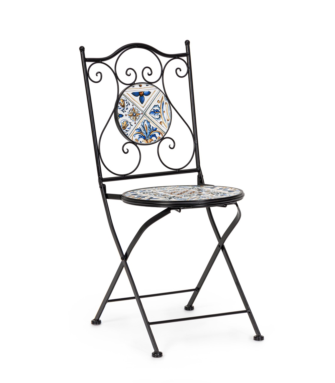 Der Gartenstuhl Mykonos überzeugt mit seinem modernen Design. Gefertigt wurde er aus Keramik, welches einen hellen Farbton besitzt. Das Gestell ist aus Metall und hat eine schwarze Farbe. Der Stuhl ist klappbar.