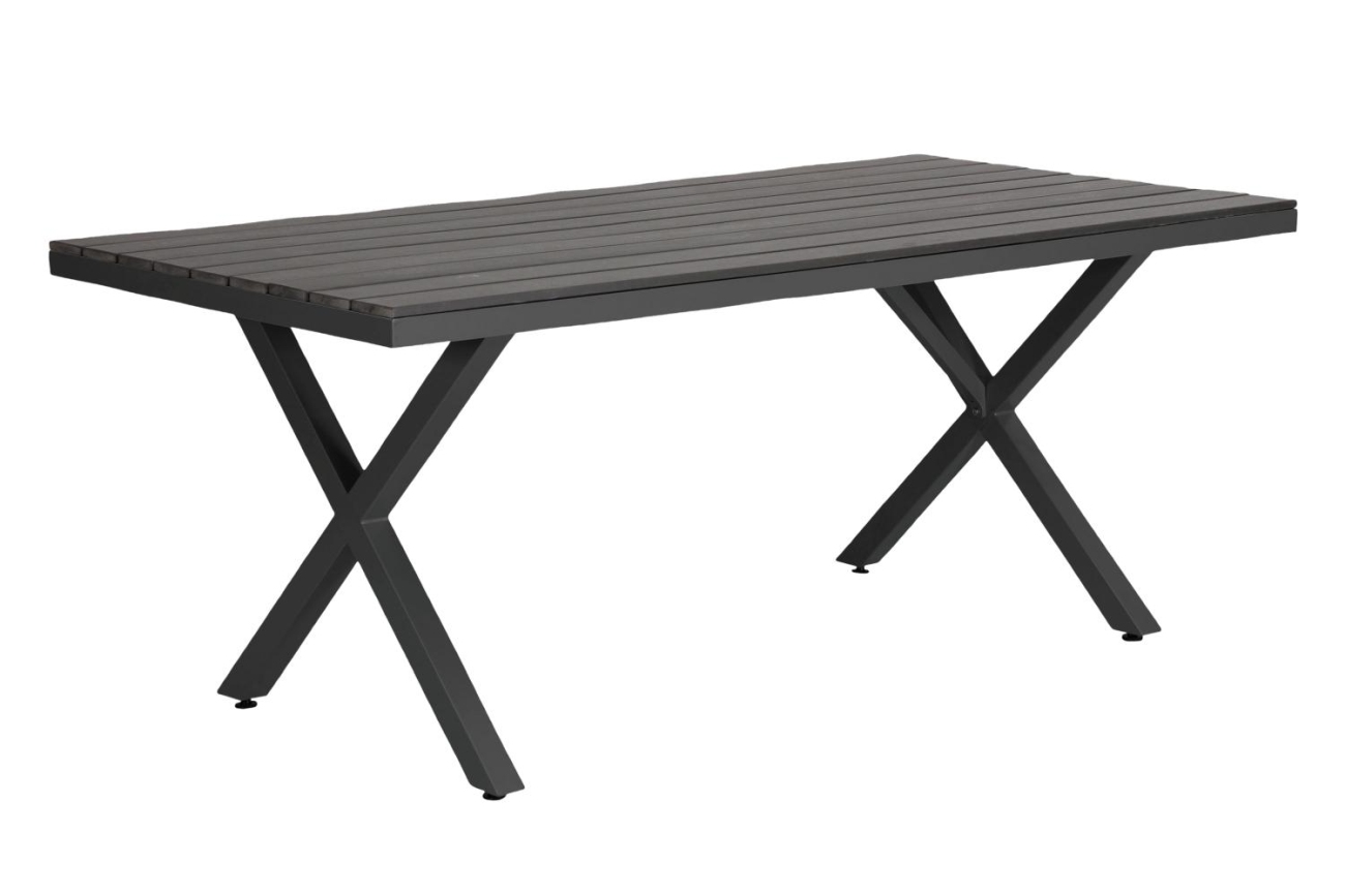 Der Gartenesstisch Leone überzeugt mit seinem modernen Design. Gefertigt wurde die Tischplatte aus Holz und hat eine graue Farbe. Das Gestell ist auch aus Metall und hat eine schwarze Farbe. Der Tisch besitzt eine Länge von 200 cm.