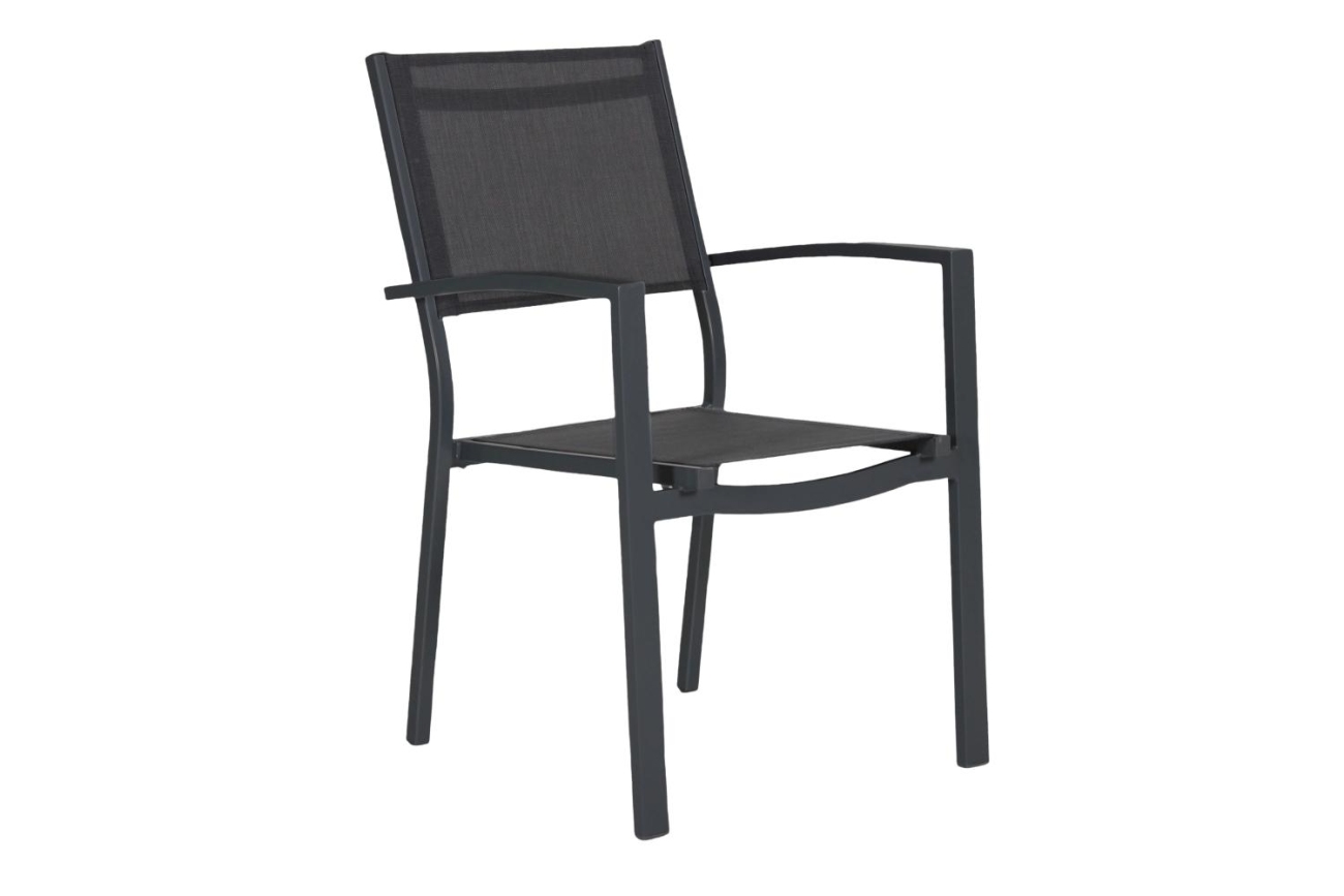 Der Gartenstuhl Leone überzeugt mit seinem modernen Design. Gefertigt wurde er aus Textilene, welcher einen Anthrazit Farbton besitzt. Das Gestell ist aus Metall und hat eine Anthrazit Farbe. Die Sitzhöhe des Stuhls beträgt 44 cm.