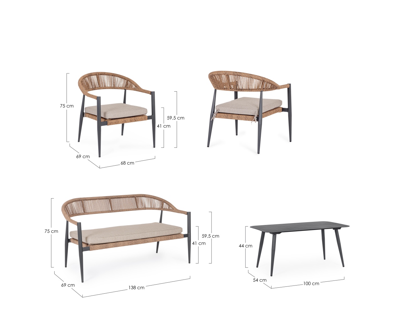 Garten-Set Jandia 4er Gruppe, Anthrazit / Natur