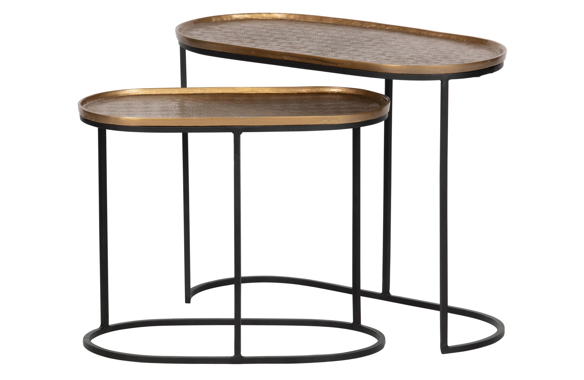 Das Beistelltisch 2er-Set Embrace überzeugt mit seinem modernem Design. Gefertigt wurde das Set aus Metall. Die Tischplatte hat einen Bronze Farbton und das Gestell einen schwarzen Farbton.