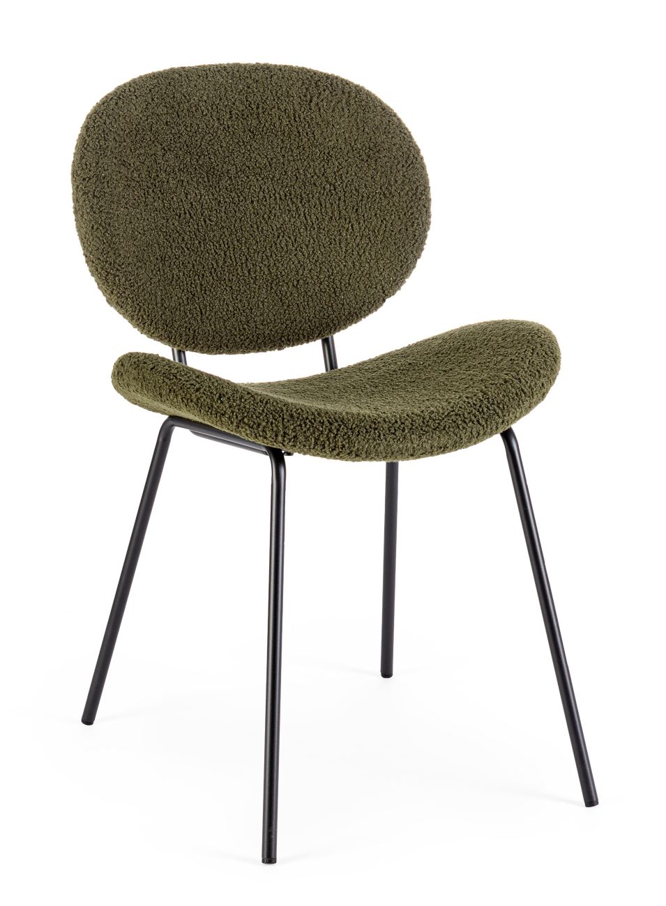 Der Esszimmerstuhl Maddie überzeugt mit seinem modernen Stil. Gefertigt wurde er aus Boucle-Stoff, welcher einen dunkelgrünen Farbton besitzt. Das Gestell ist aus Metall und hat eine schwarze Farbe. Der Stuhl besitzt eine Sitzhöhe von 46 cm.