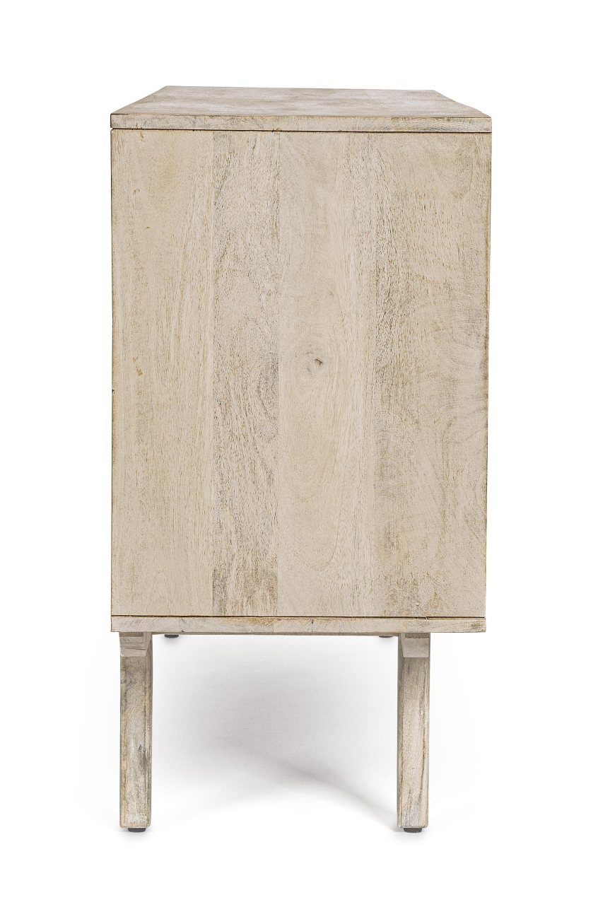 Das Sideboard Sahana überzeugt mit seinem modernen Stil. Gefertigt wurde es aus Mangoholz, welches einen natürlichen Farbton besitzt. Das Gestell ist auch aus Mangoholz. Das Sideboard verfügt über drei Türen.