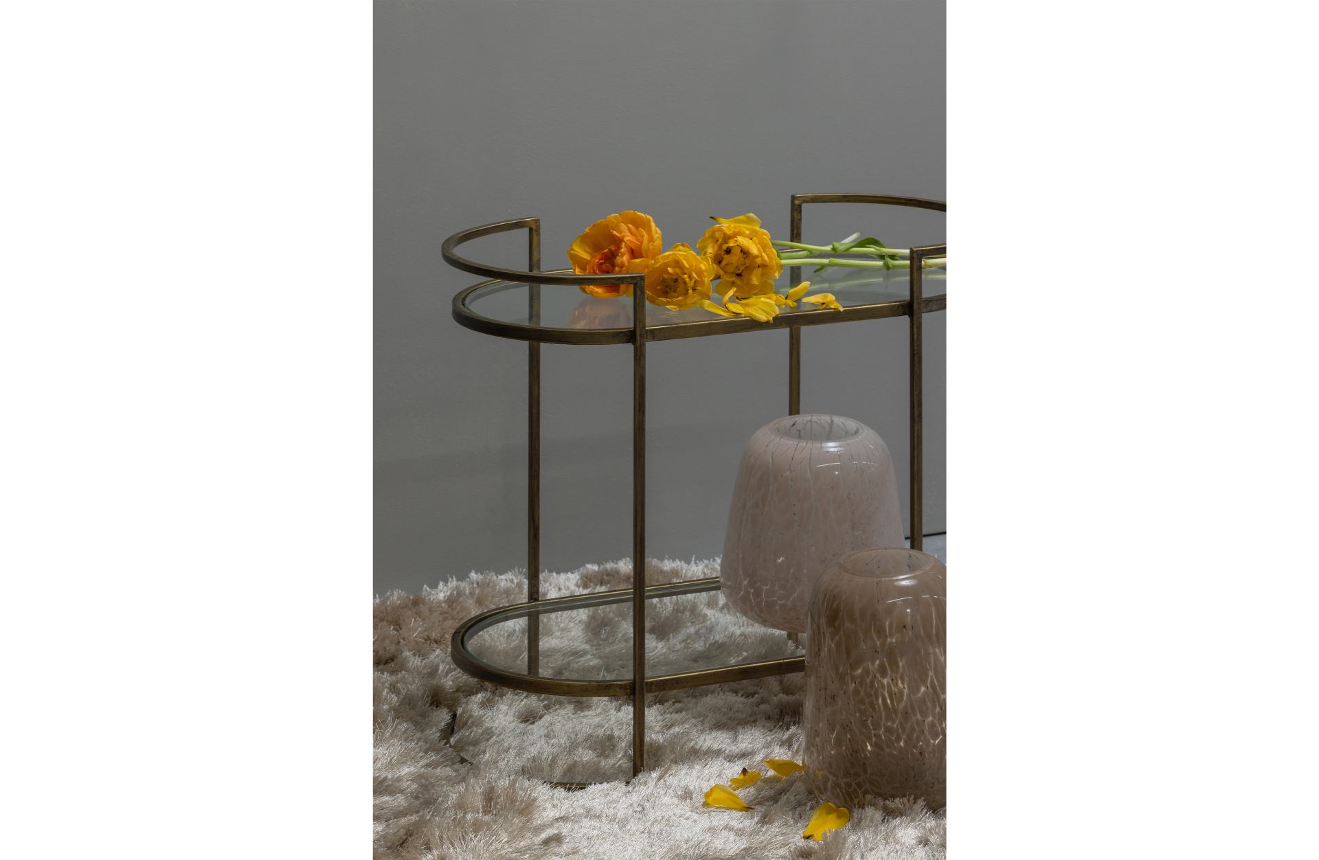 Der Beistelltisch Capital überzeugt mit seinem Klassischem Design. Gefertigt wurde der Tisch aus Metall, welches einen Messing Farbton besitzt. Der Tisch verfügt über zwei Fächer, welche einen Boden aus Glas besitzen.