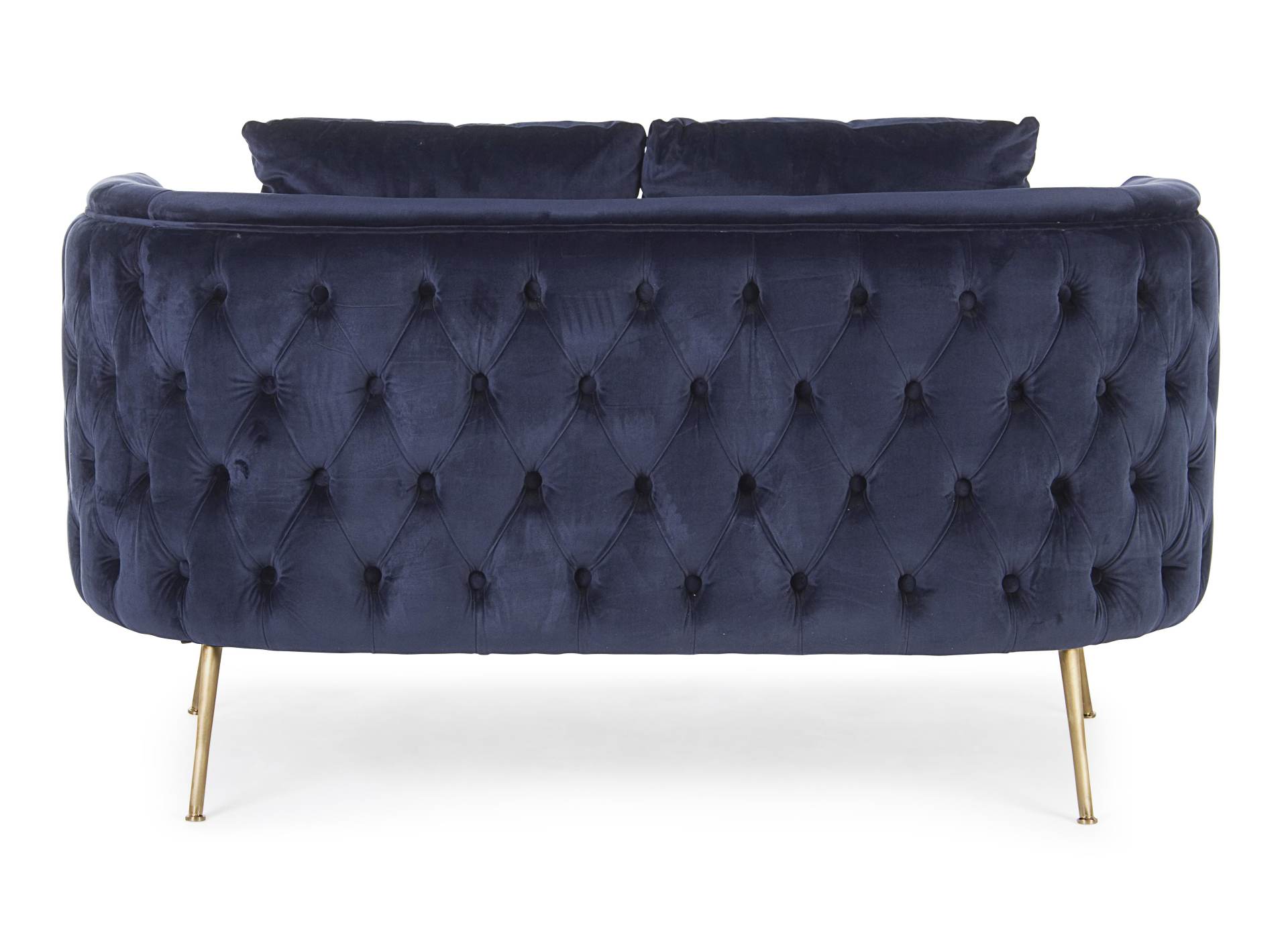Das Sofa Tenbury überzeugt mit seinem modernen Design. Gefertigt wurde es aus Stoff in Samt-Optik, welcher einen blauen Farbton besitzt. Das Gestell ist aus Metall und hat eine goldene Farbe. Das Sofa ist in der Ausführung als 2-Sitzer. Die Breite beträgt