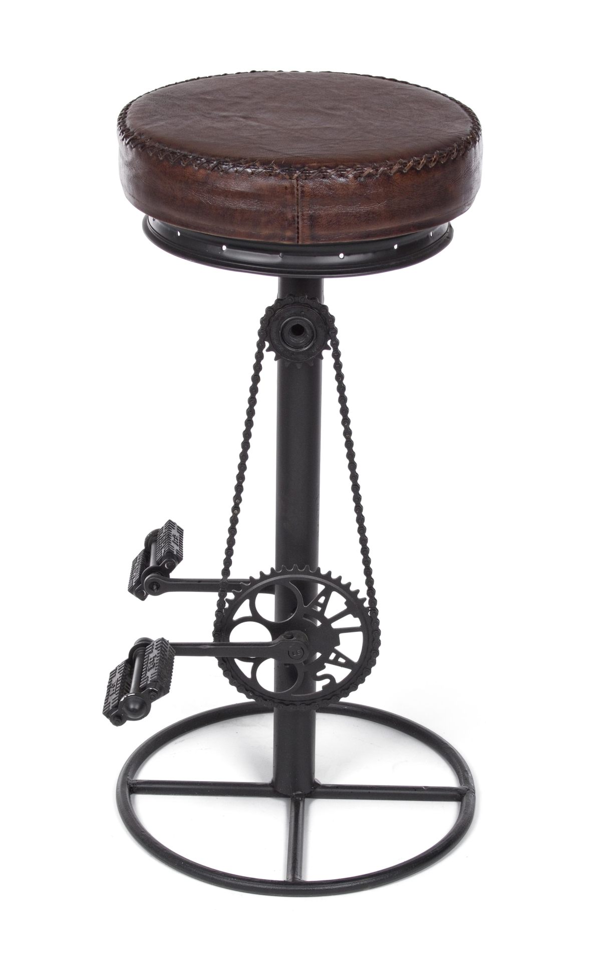Der Barhocker Cycle überzeugt mit seinem industriellem Design. Gefertigt wurde er aus Leder, welches einen braunen Farbton besitzt. Das Gestell ist aus Metall und hat eine schwarze Farbe. Die Sitzhöhe des Hockers beträgt 80 cm.