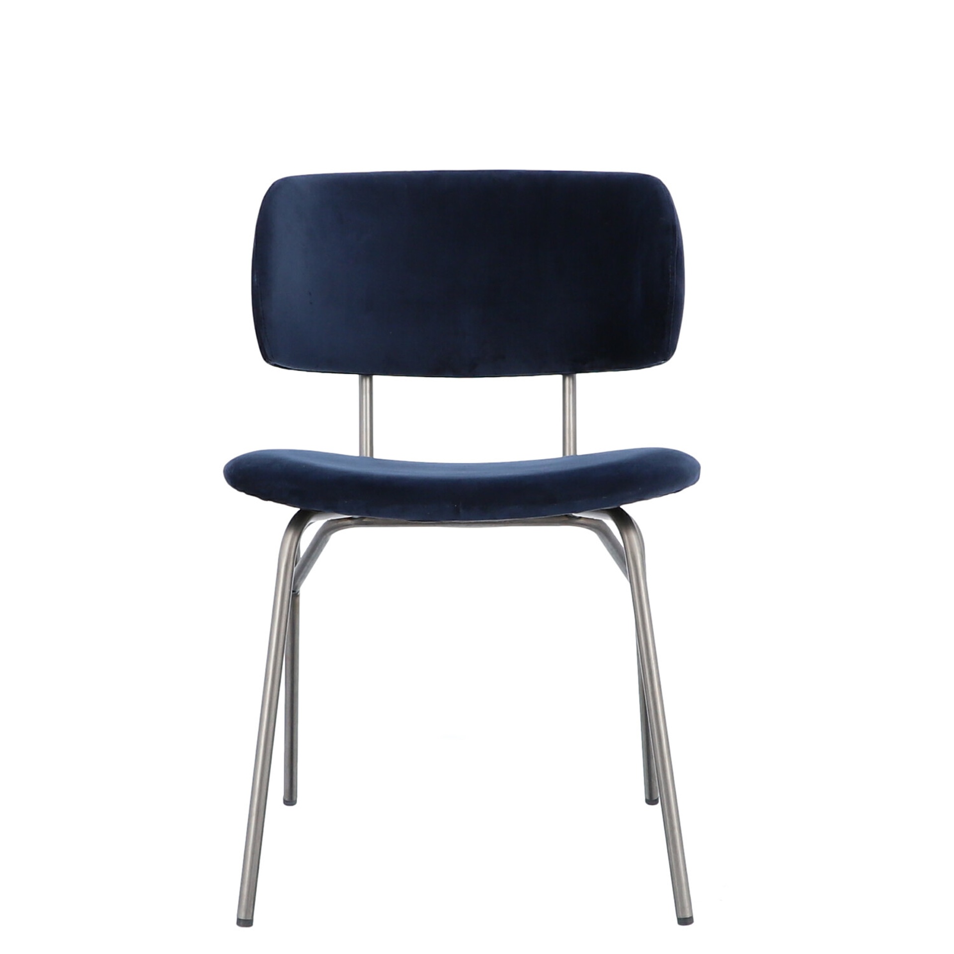 Der moderne Stuhl Giulia wurde aus einem Metall Gestell gefertigt. Die Sitz- und Rückenfläche ist aus einem Samt Bezug. Der Stuhl hat eine dunkelblaue Farbe und ist von der Marke Jan Kurtz.